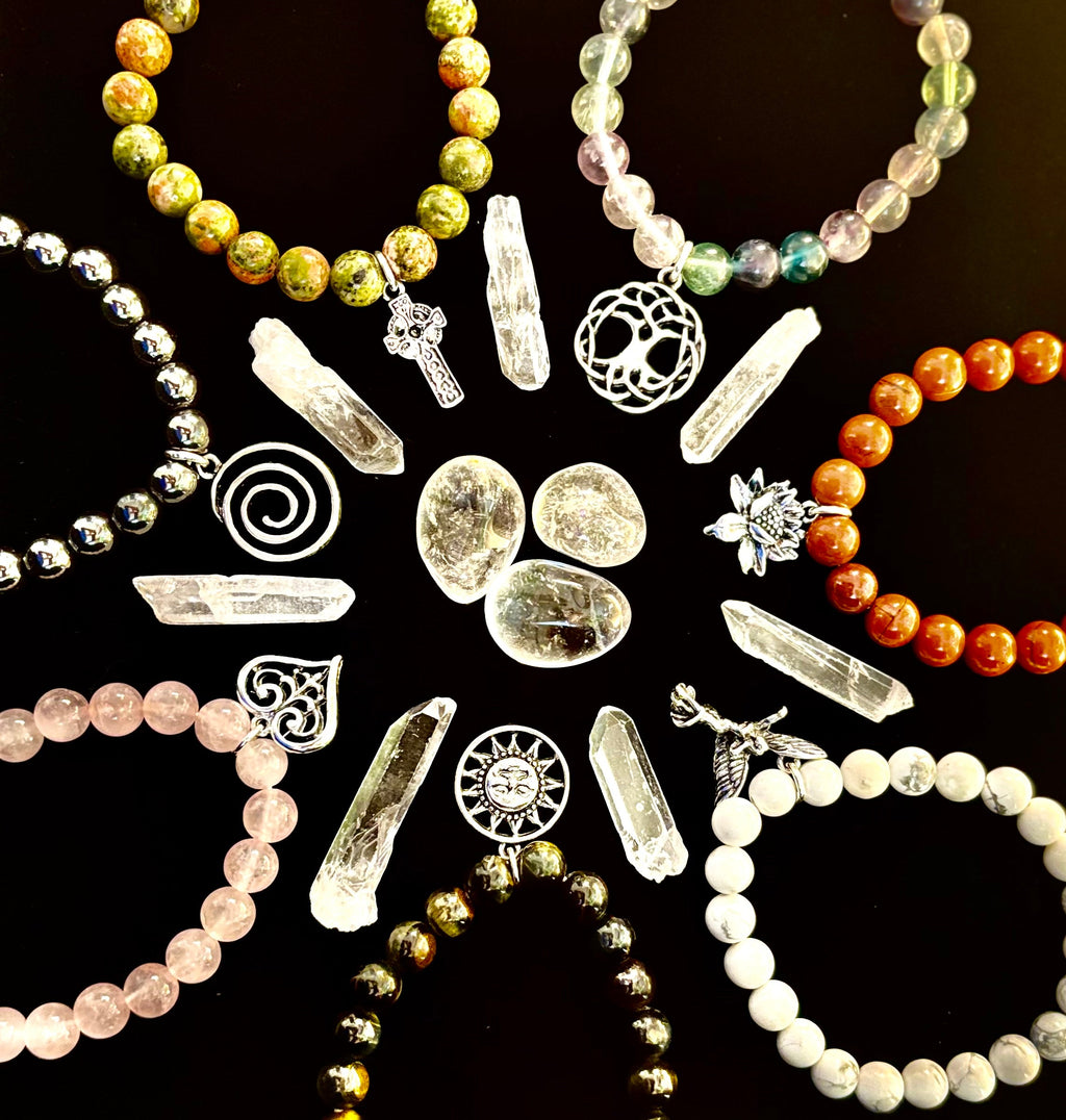 7 Wonders Natural Stone Charm Bracelet Collection | 8mm Healing Gemstone Beads with Silver Charms (Small–Medium Wrists) | | Wiccan Center