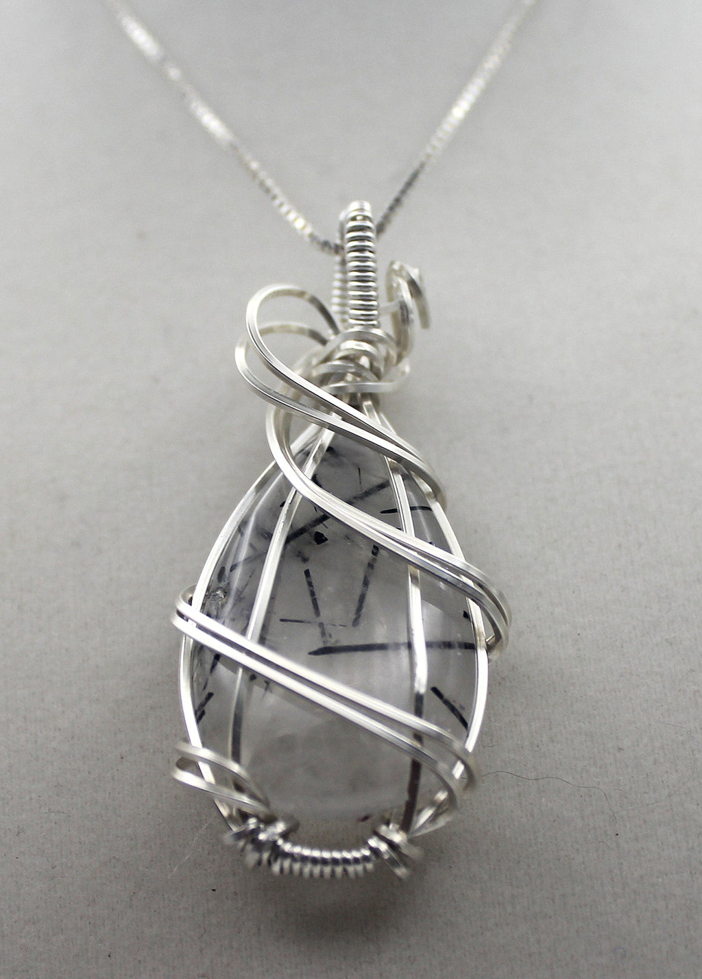 Silver Argentium Black Rutilated Quartz Teardrop Pendant Necklace – Natural Tourmalinated Quartz, Protection & Grounding | Necklace | Wiccan Center