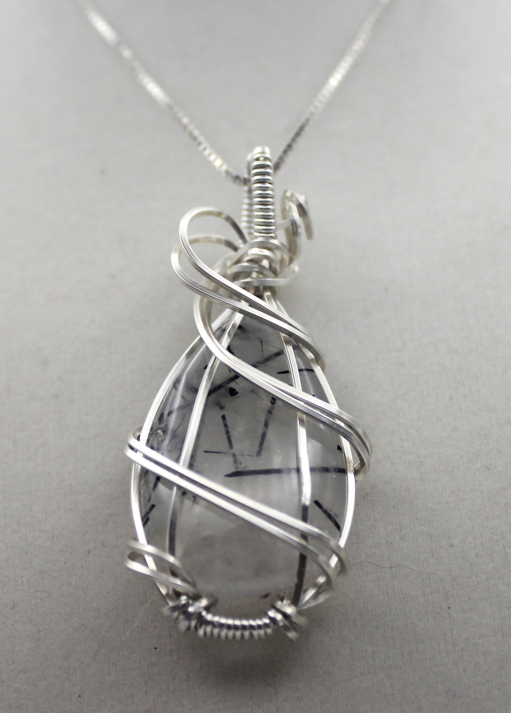 Silver Argentium Black Rutilated Quartz Teardrop Pendant Necklace – Natural Tourmalinated Quartz, Protection & Grounding | Necklace | Wiccan Center