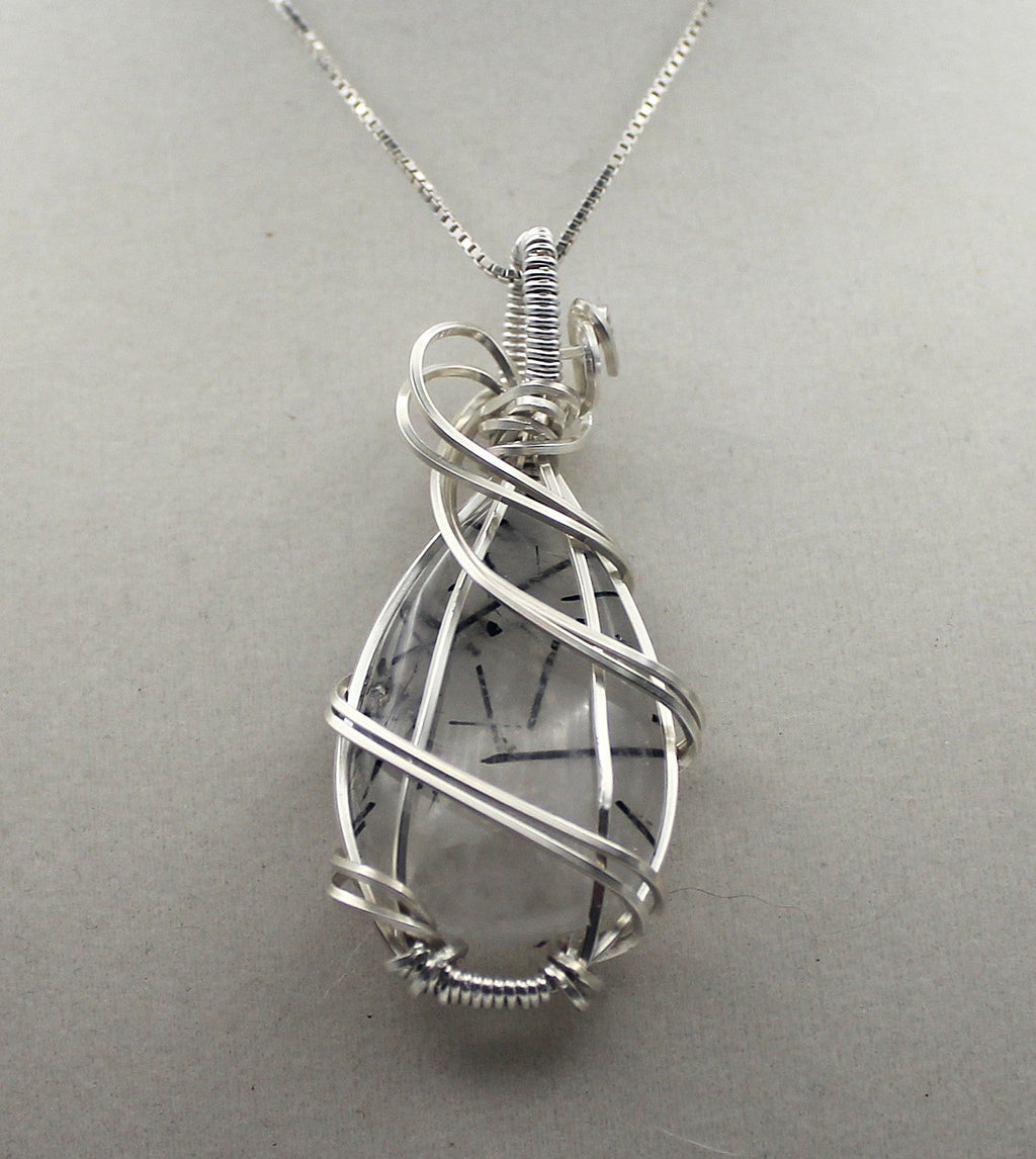 Silver Argentium Black Rutilated Quartz Teardrop Pendant Necklace – Natural Tourmalinated Quartz, Protection & Grounding | Necklace | Wiccan Center