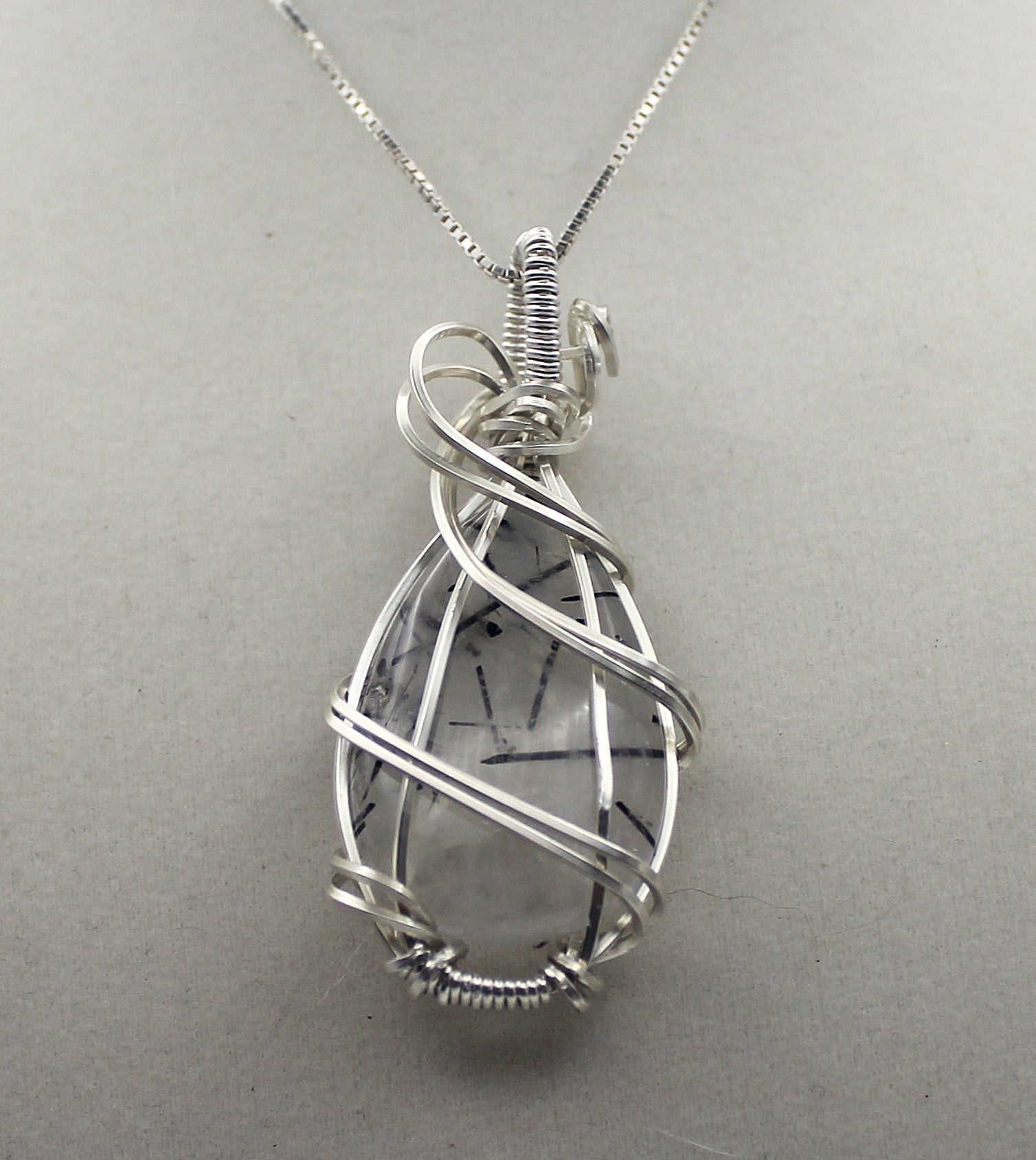 Silver Argentium Black Rutilated Quartz Teardrop Pendant Necklace – Natural Tourmalinated Quartz, Protection & Grounding | Necklace | Wiccan Center