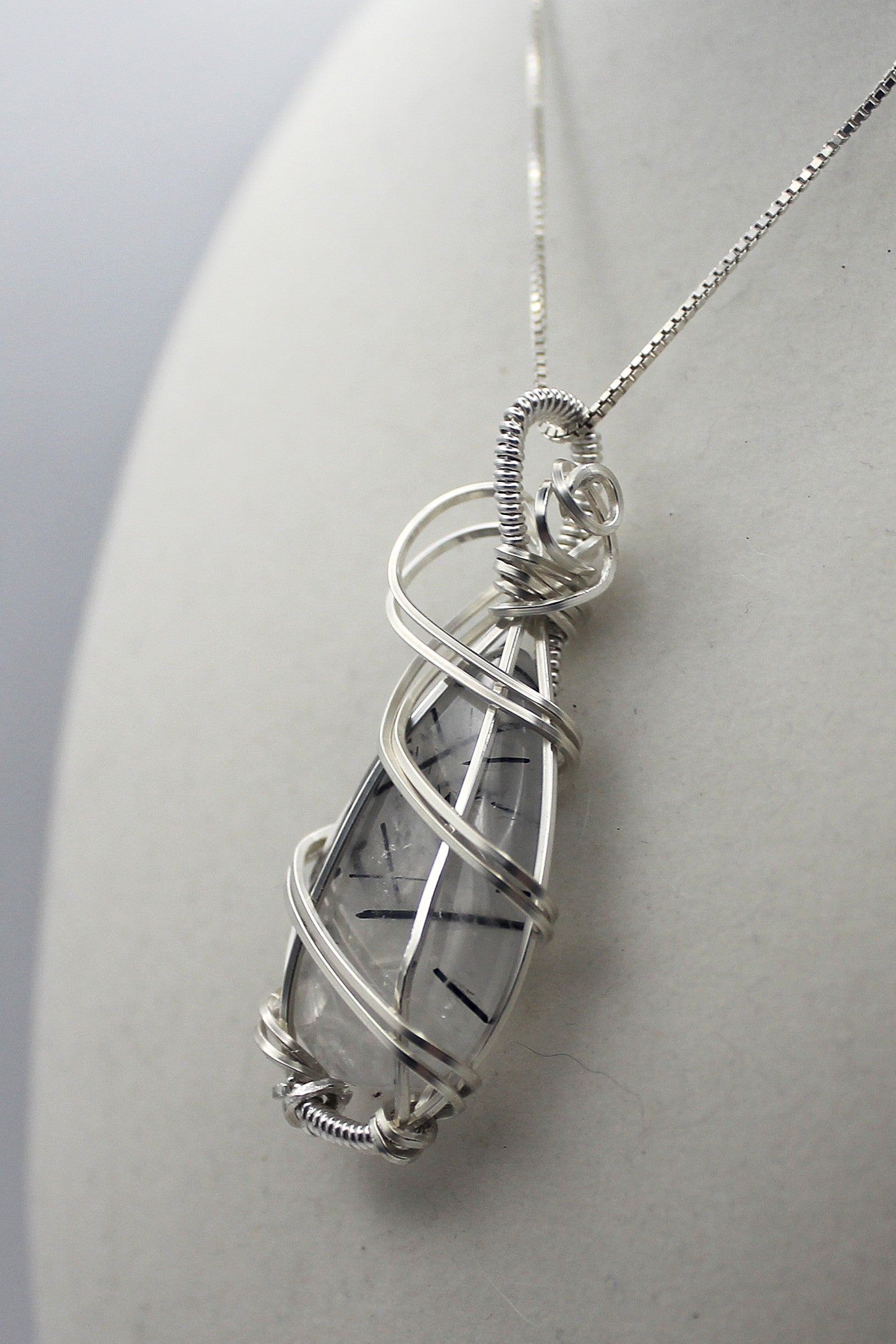 Silver Argentium Black Rutilated Quartz Teardrop Pendant Necklace – Natural Tourmalinated Quartz, Protection & Grounding | Necklace | Wiccan Center