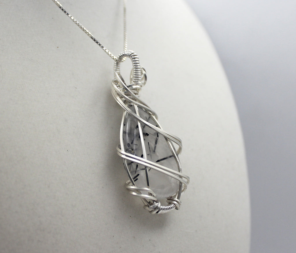 Silver Argentium Black Rutilated Quartz Teardrop Pendant Necklace – Natural Tourmalinated Quartz, Protection & Grounding | Necklace | Wiccan Center
