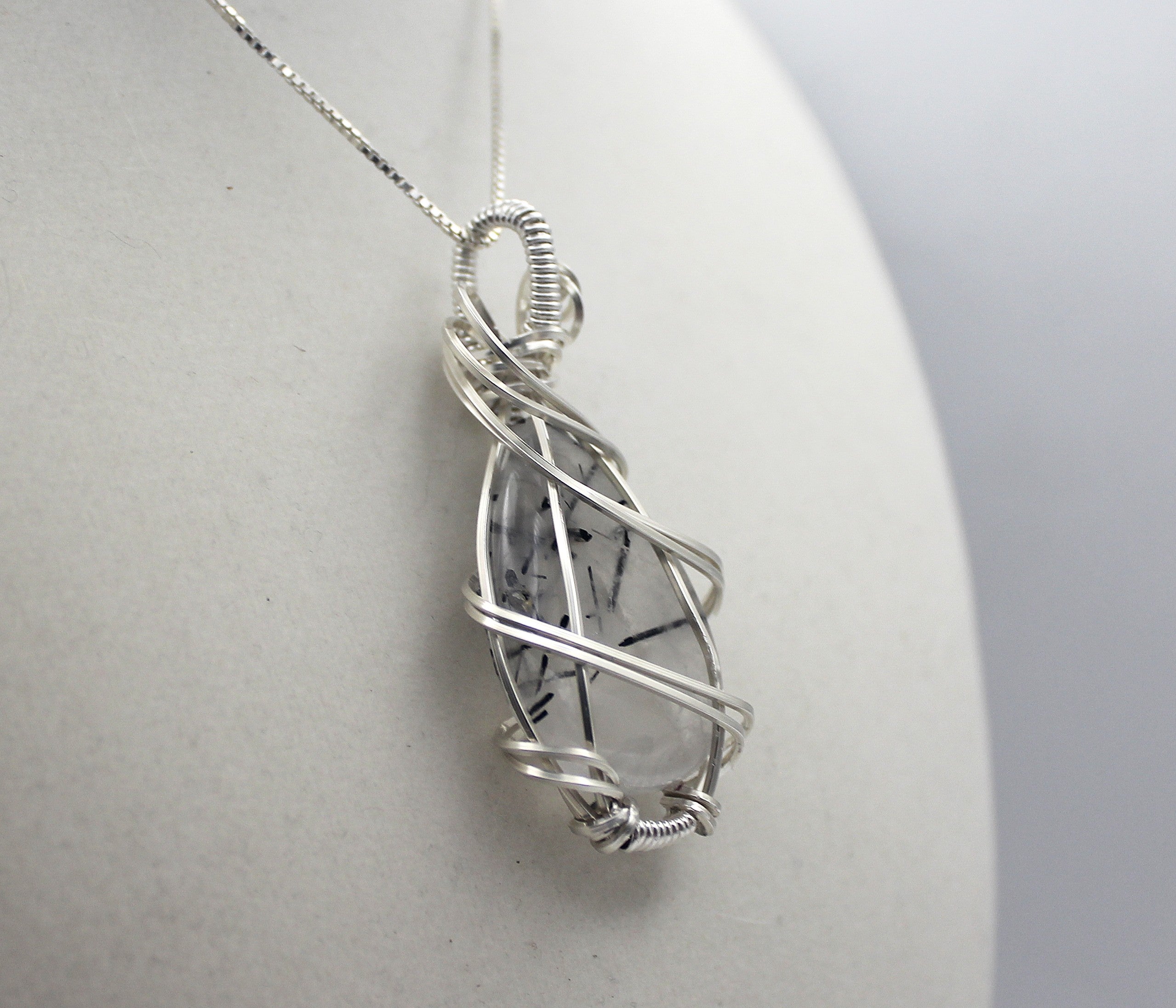 Silver Argentium Black Rutilated Quartz Teardrop Pendant Necklace – Natural Tourmalinated Quartz, Protection & Grounding | Necklace | Wiccan Center
