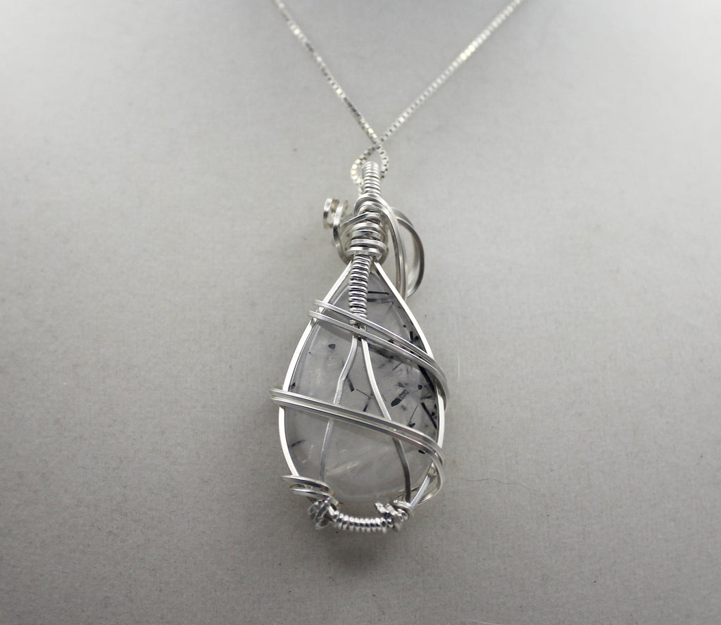 Silver Argentium Black Rutilated Quartz Teardrop Pendant Necklace – Natural Tourmalinated Quartz, Protection & Grounding | Necklace | Wiccan Center