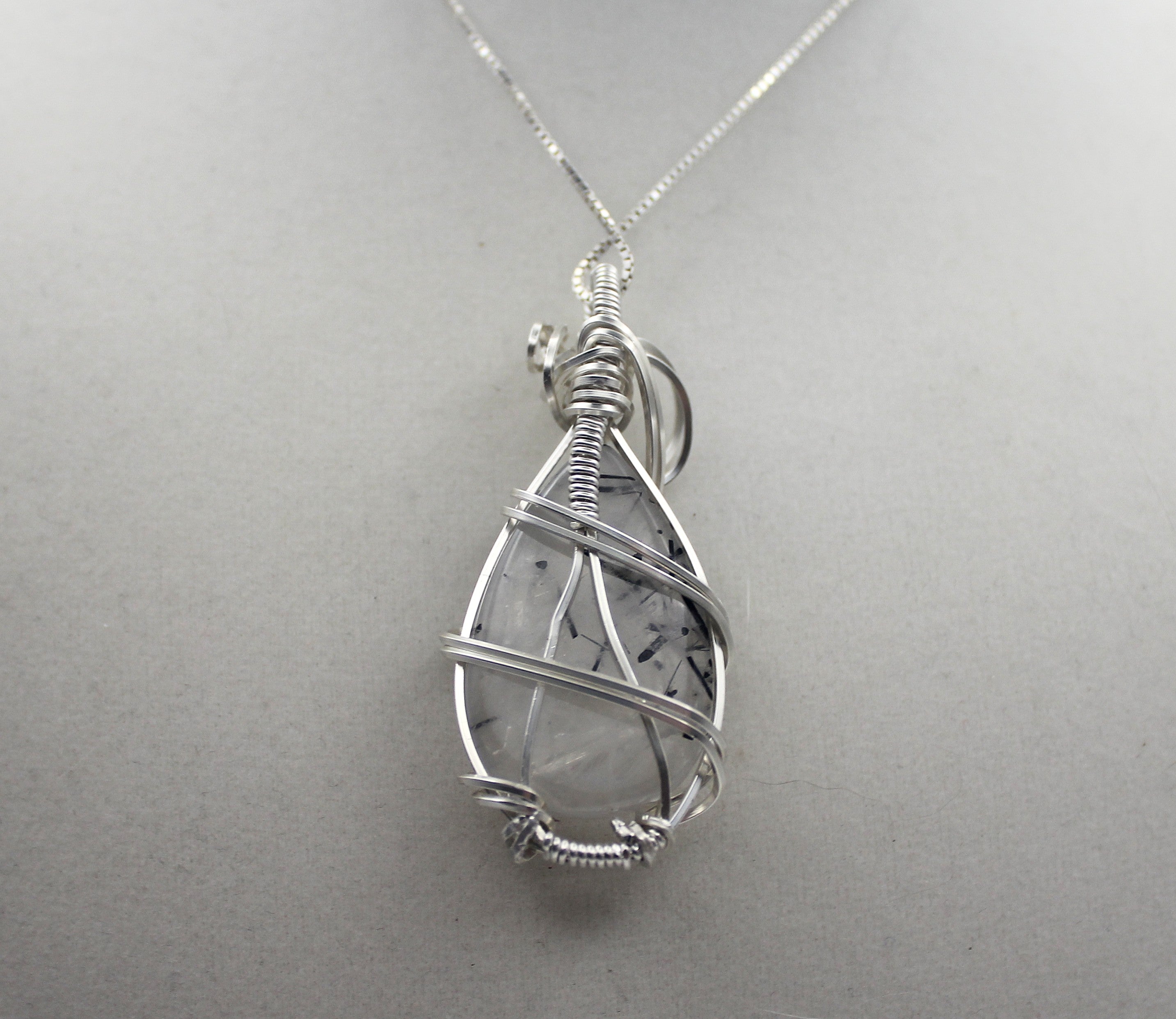 Silver Argentium Black Rutilated Quartz Teardrop Pendant Necklace – Natural Tourmalinated Quartz, Protection & Grounding | Necklace | Wiccan Center