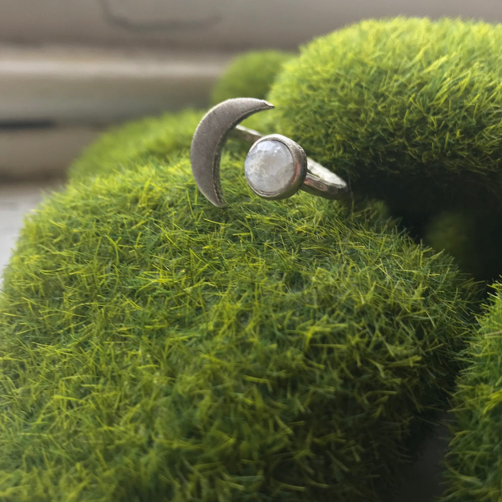 Moon Goddess Ring - Crescent Moon with Rainbow Moonstone | Ring | Wiccan Center