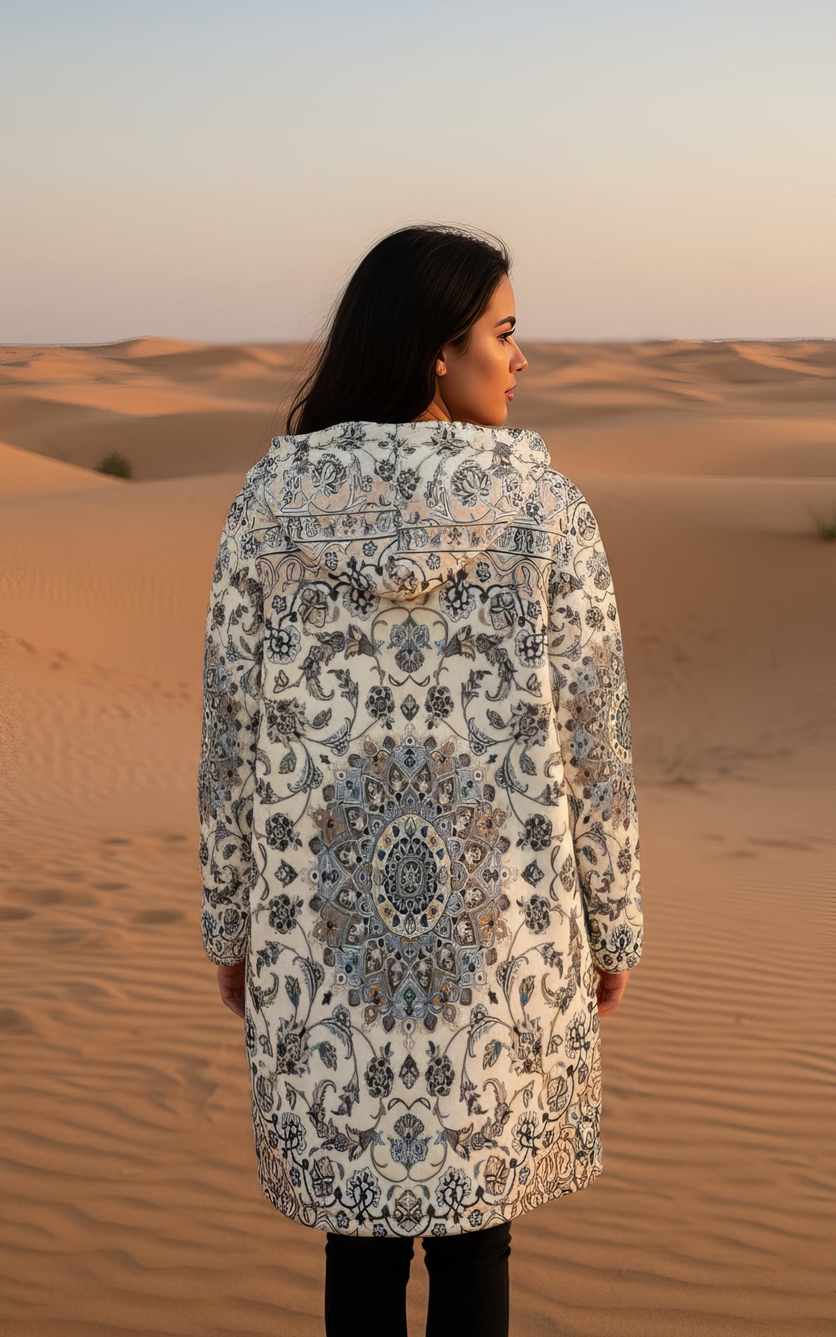 Classic Persian Carpet Cuddle Coat | Nain, Cream and Soft Blue | Unisex Minky Sherpa Lined Coat with Hood, Zipper and Pockets | Women and Mens Festival Coat | Mountain Fashion | Zipper Cloak - AOP | Wiccan Center