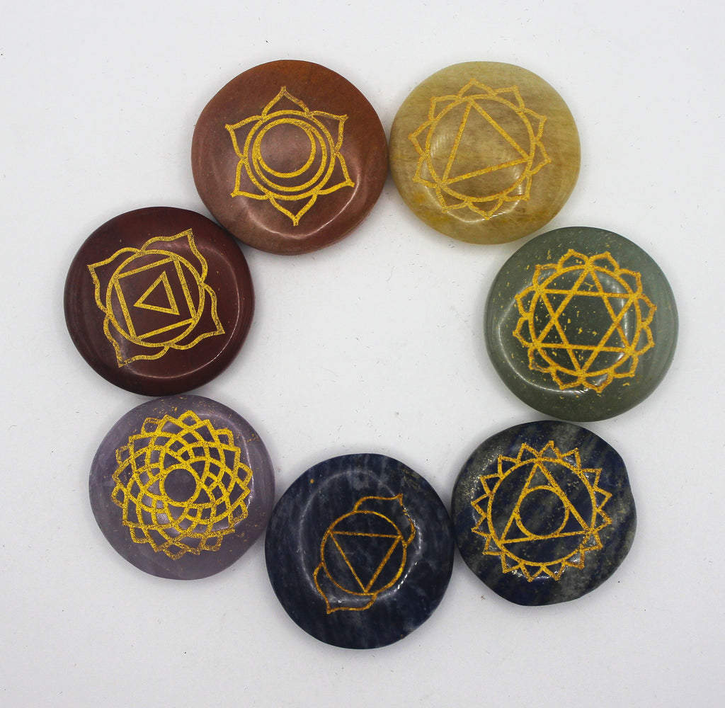 Seven Stone Chakra Set – Engraved Gold Symbols for Balance & Alignment | | Wiccan Center