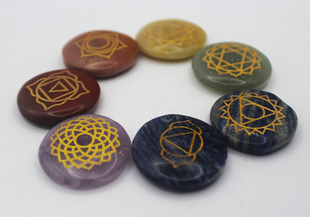 Seven Stone Chakra Set – Engraved Gold Symbols for Balance & Alignment | | Wiccan Center