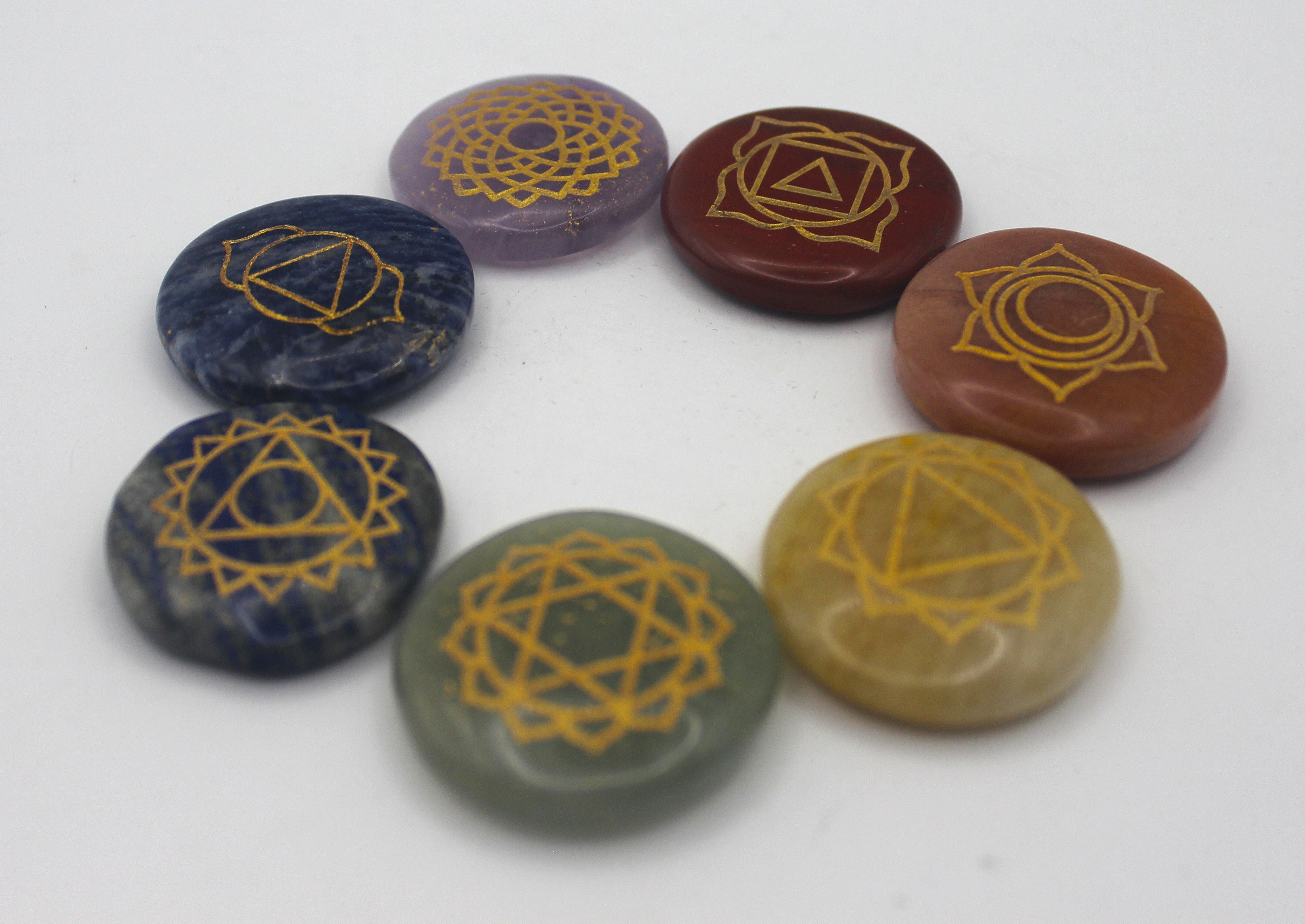 Seven Stone Chakra Set – Engraved Gold Symbols for Balance & Alignment | | Wiccan Center