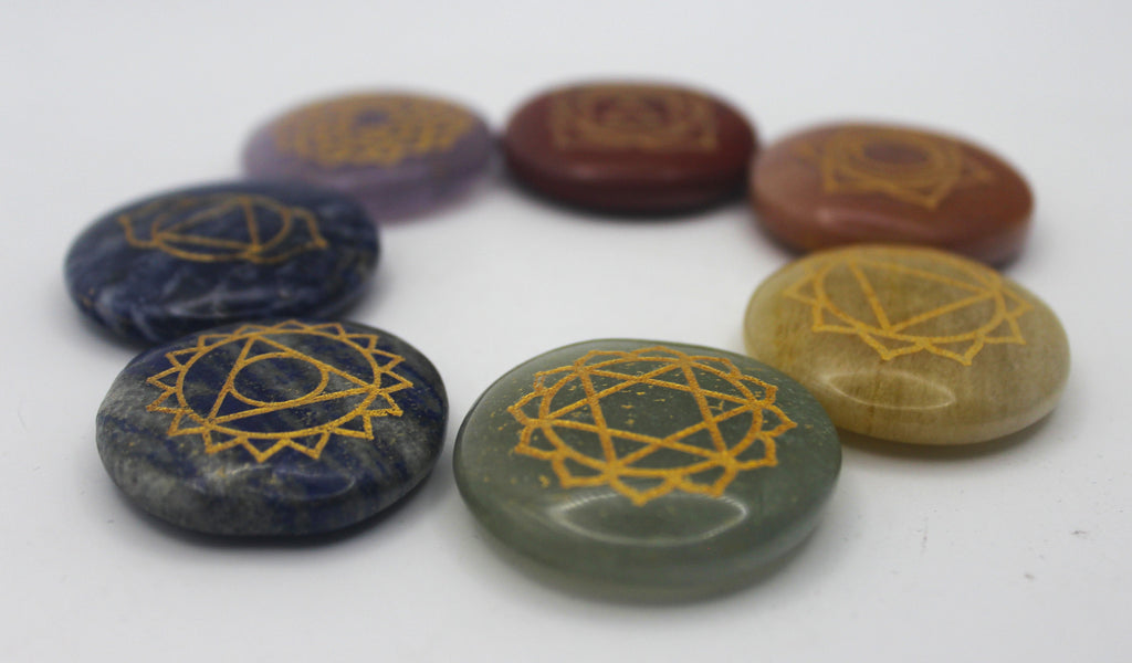 Seven Stone Chakra Set – Engraved Gold Symbols for Balance & Alignment | | Wiccan Center