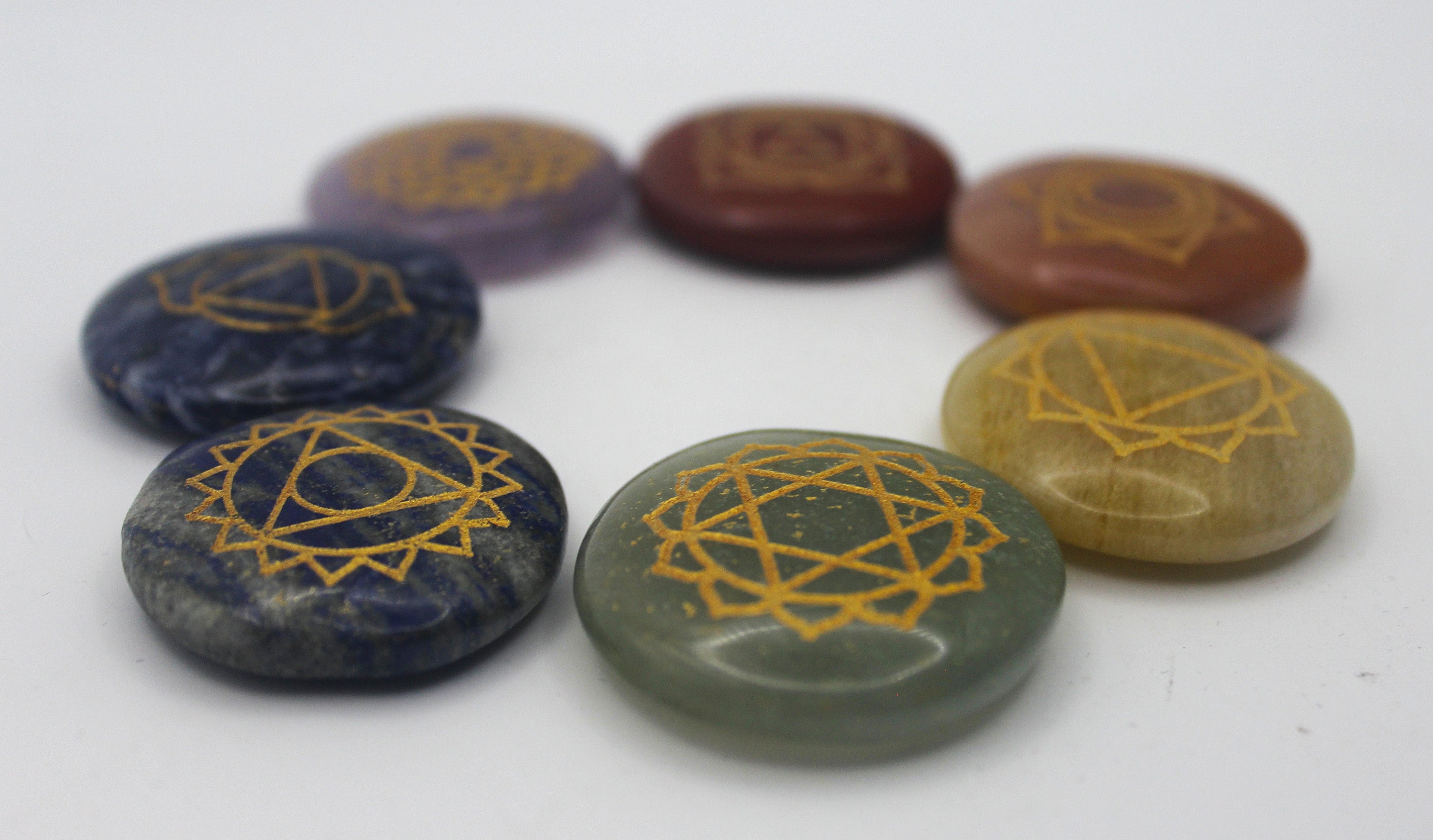 Seven Stone Chakra Set – Engraved Gold Symbols for Balance & Alignment | | Wiccan Center