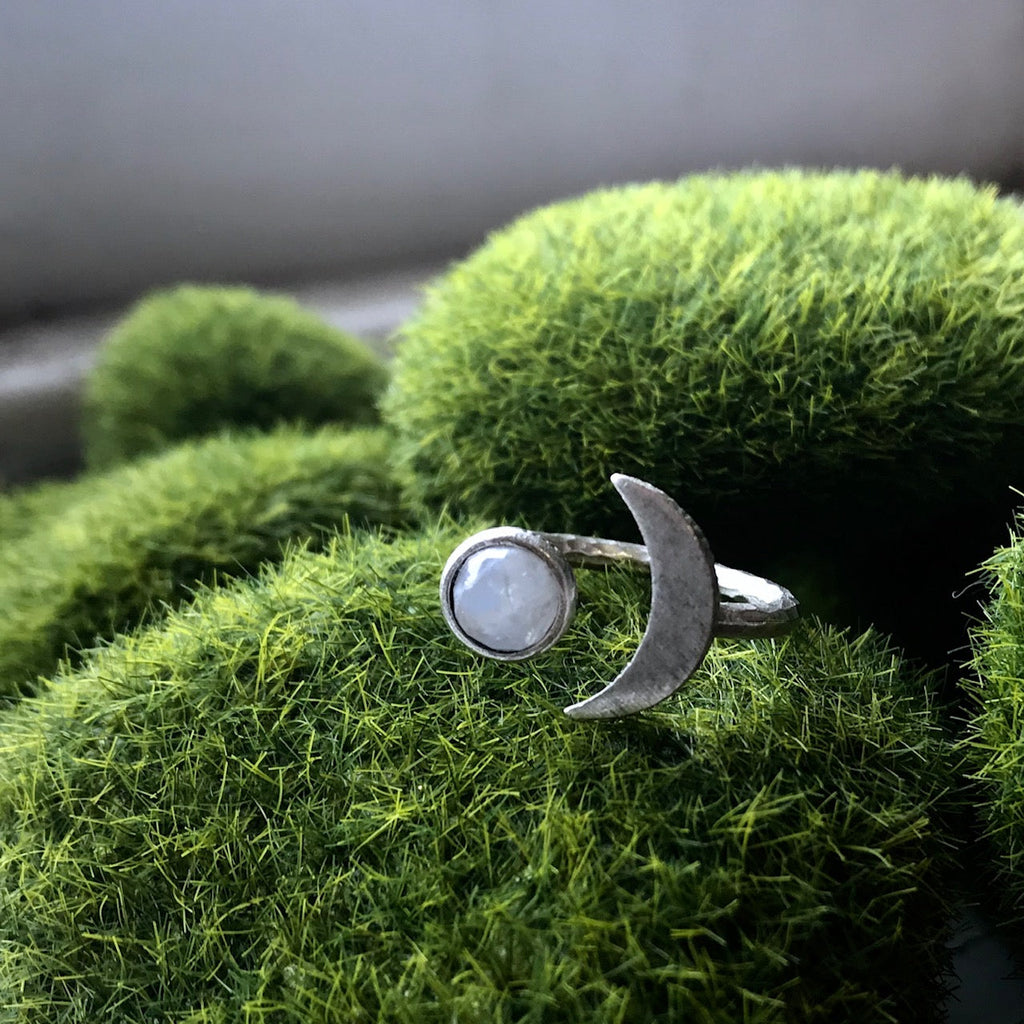 Moon Goddess Ring - Crescent Moon with Rainbow Moonstone | Ring | Wiccan Center