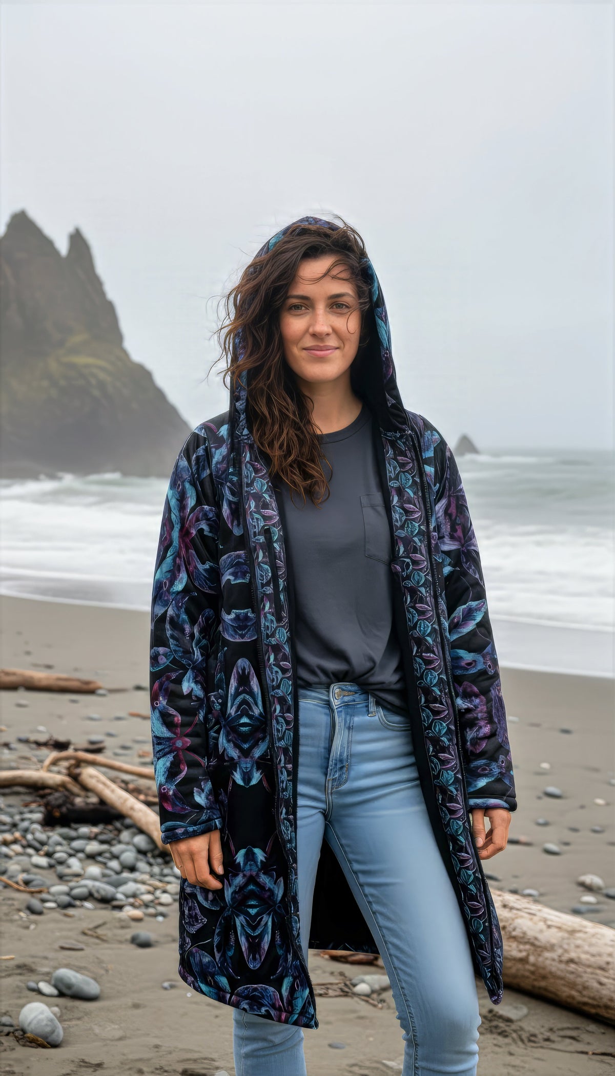 Dark Tropics Cuddle Coat | Unisex Minky Sherpa Lined Coat with Hood, Zipper and Pockets | Women and Mens Festival Coat | Mountain Fashion | Zipper Cloak - AOP | Wiccan Center