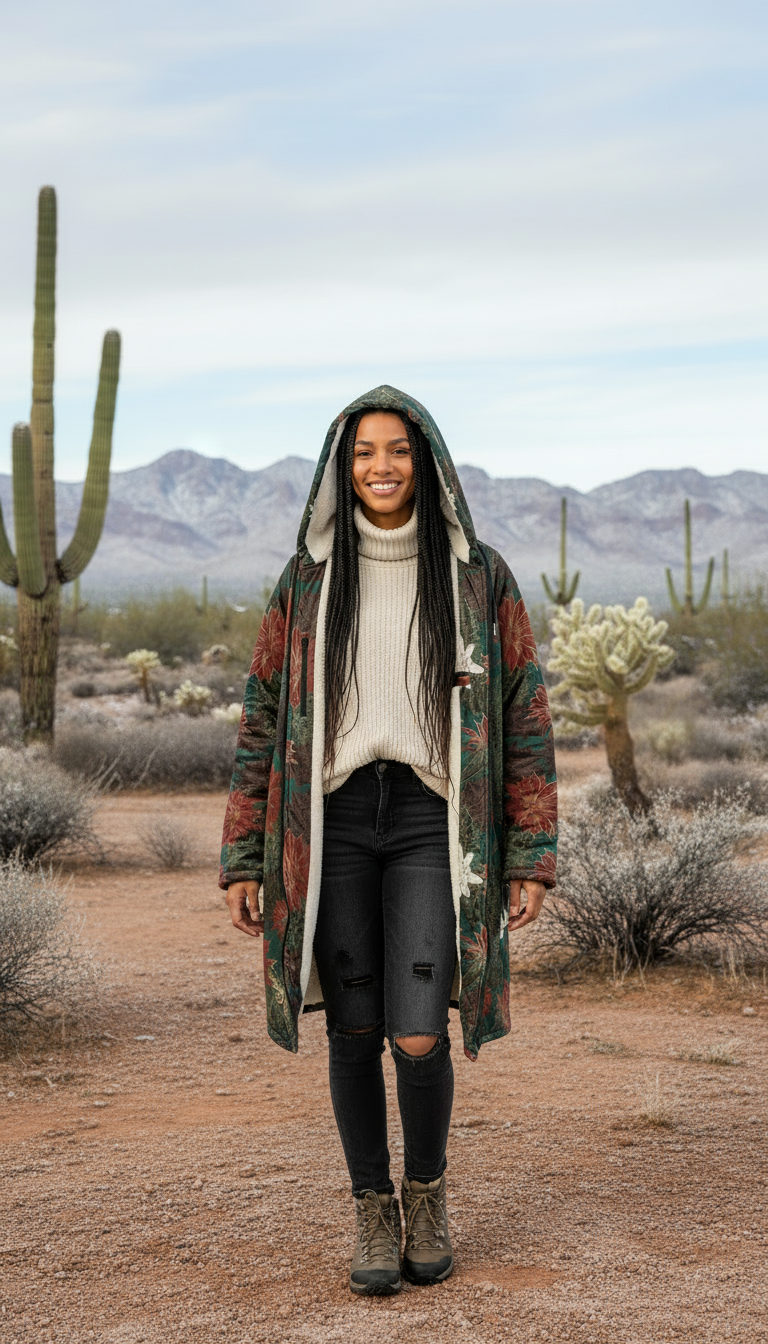 Desert Flowers Carpet Cuddle Coat | Green Red | Unisex Minky Sherpa Lined Coat with Hood, Zipper and Pockets | Women and Mens Festival Coat | Mountain Fashion | Zipper Cloak - AOP | Wiccan Center