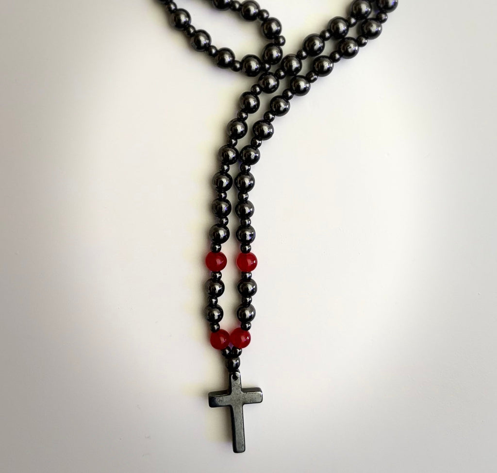 Magnetic Hematite Ball Chain Cross Necklace – Black & Red Natural Stones (24 inch.) | | Wiccan Center