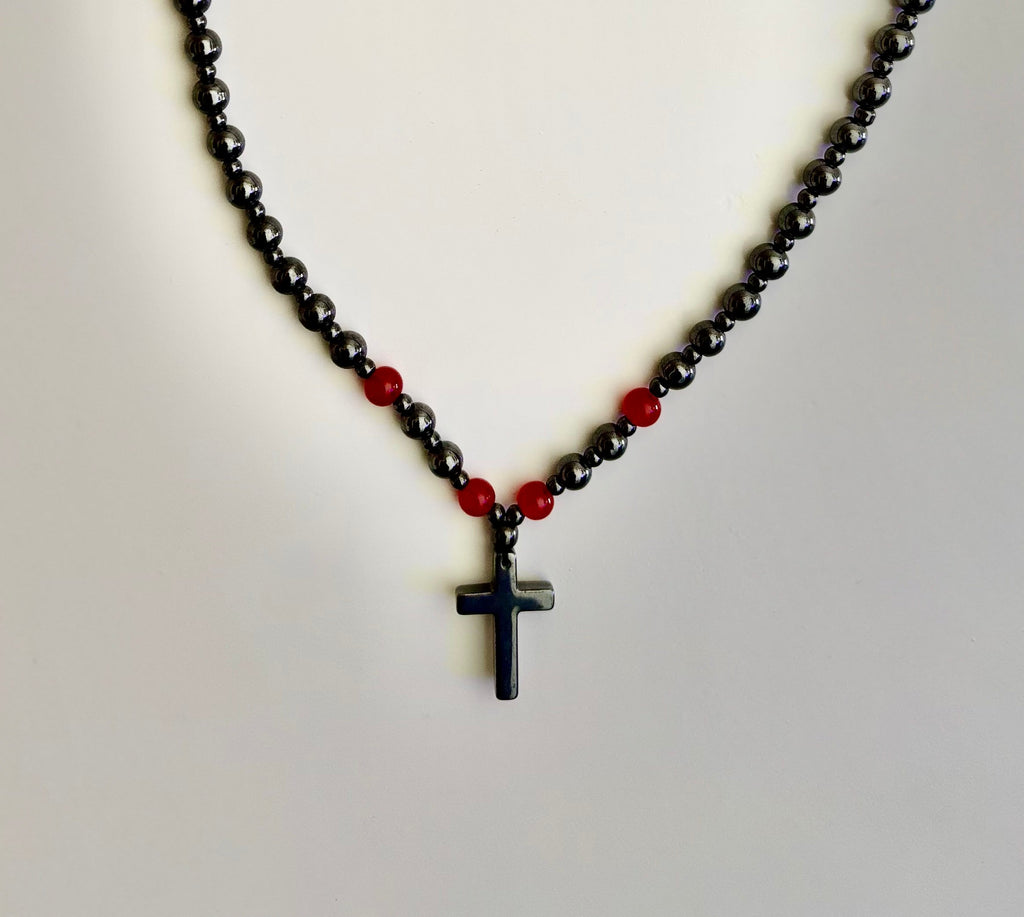 Magnetic Hematite Ball Chain Cross Necklace – Black & Red Natural Stones (24 inch.) | | Wiccan Center