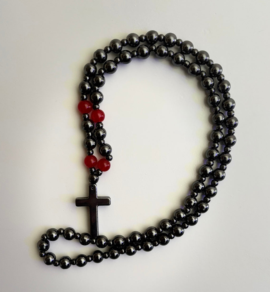 Magnetic Hematite Ball Chain Cross Necklace – Black & Red Natural Stones (24 inch.) | | Wiccan Center