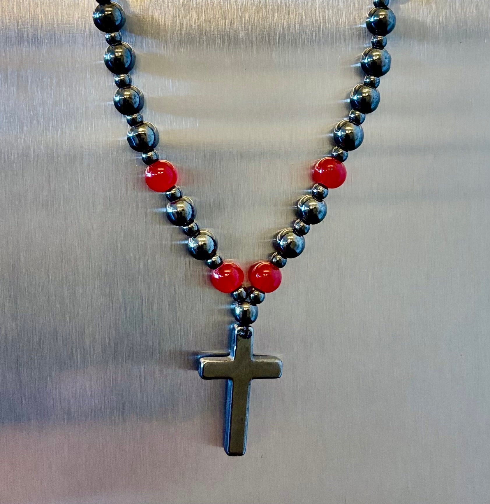 Magnetic Hematite Ball Chain Cross Necklace – Black & Red Natural Stones (24 inch.) | | Wiccan Center
