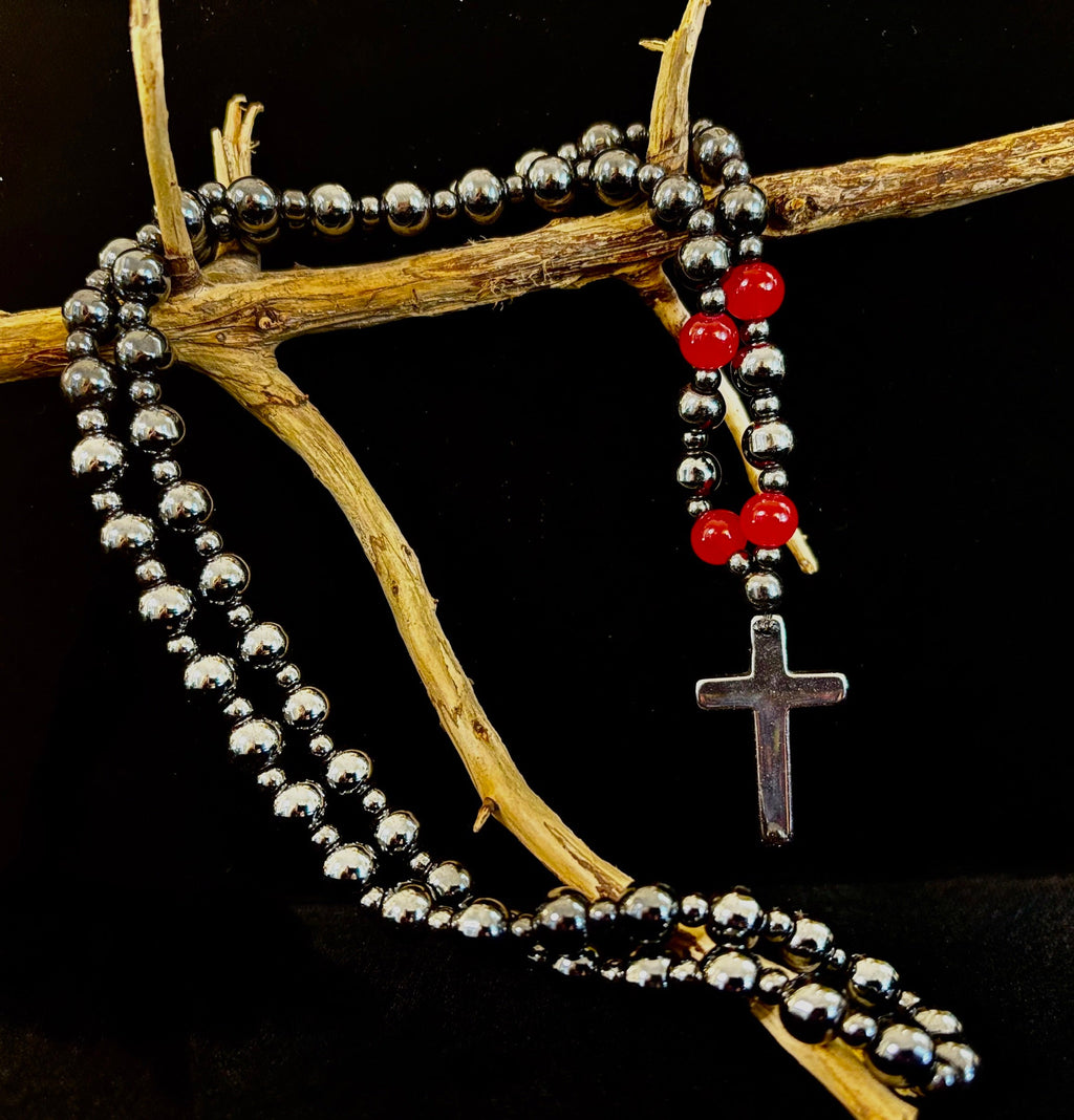 Magnetic Hematite Ball Chain Cross Necklace – Black & Red Natural Stones (24 inch.) | | Wiccan Center