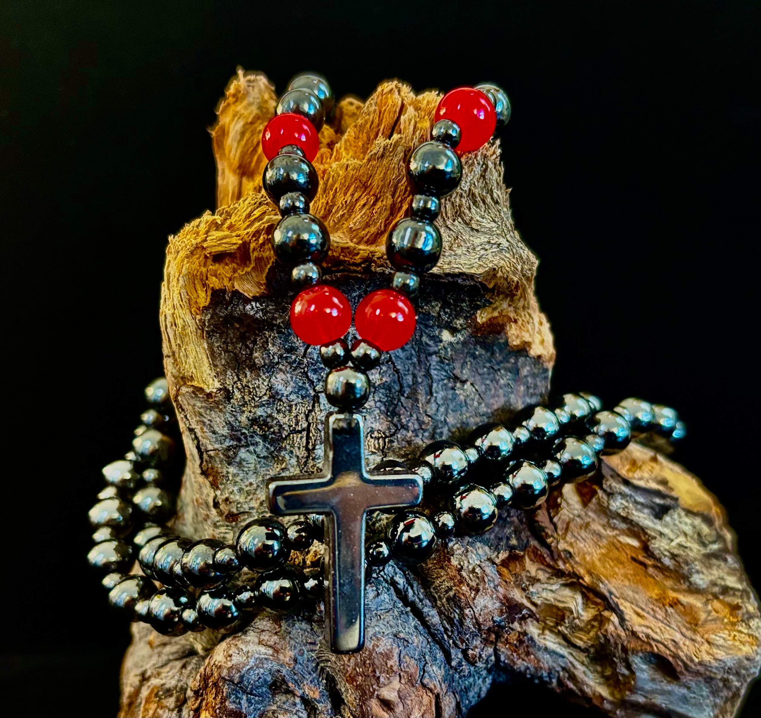 Magnetic Hematite Ball Chain Cross Necklace – Black & Red Natural Stones (24 inch.) | | Wiccan Center