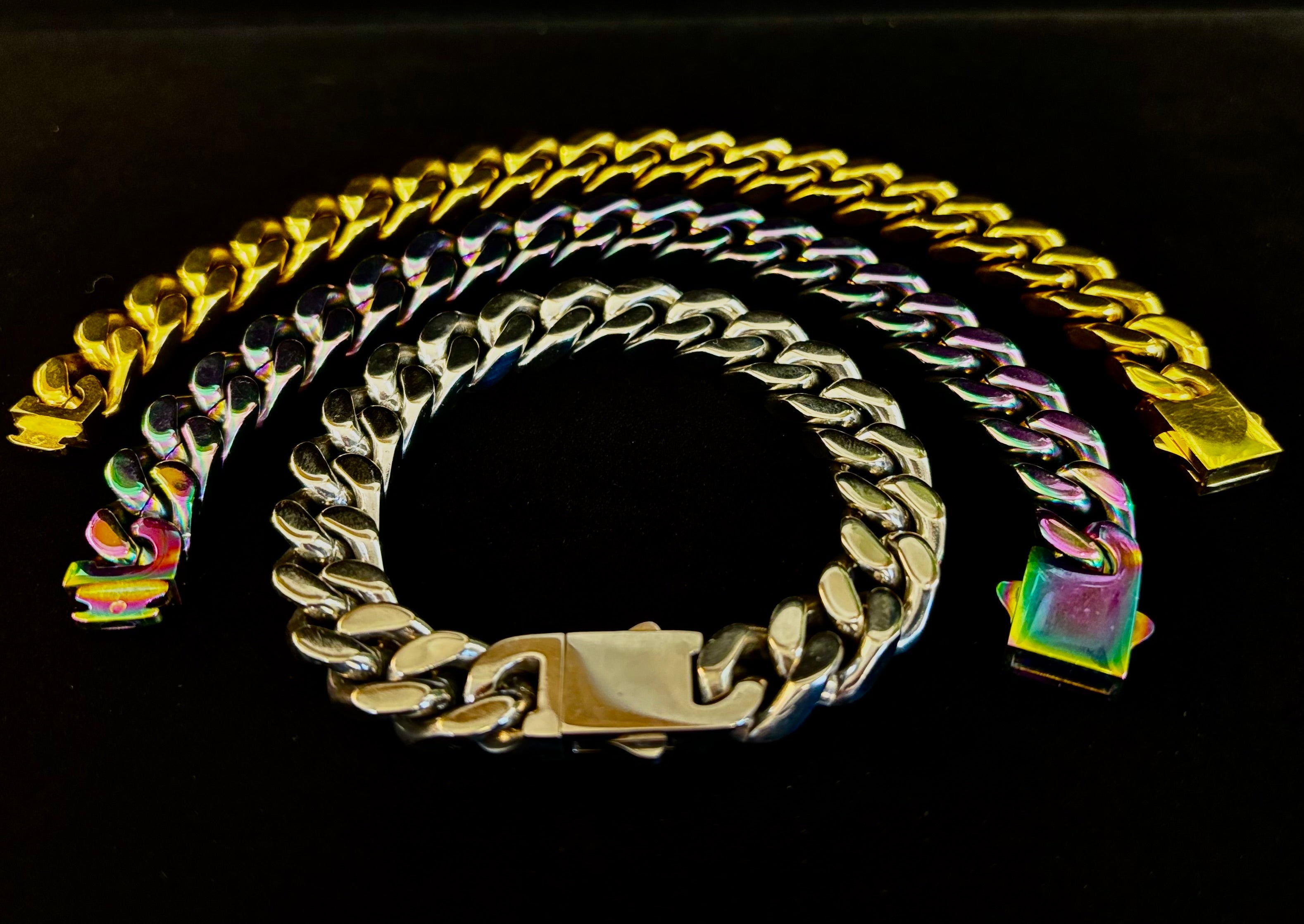 Titanium Steel Chain Bracelet – 22cm Cuban Link, Silver/Gold/Rainbow | | Wiccan Center