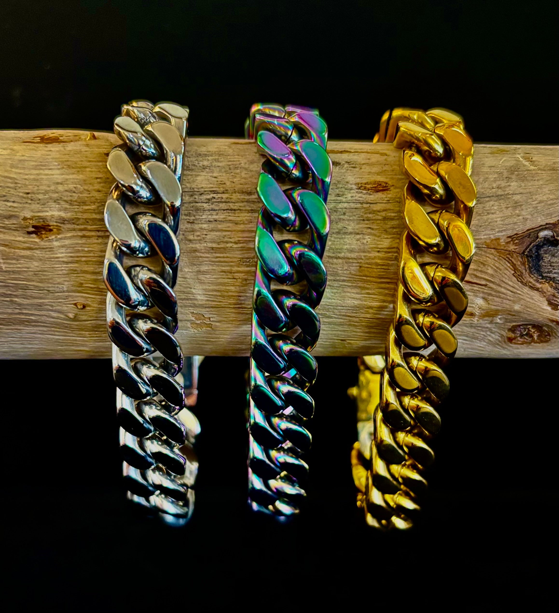 Titanium Steel Chain Bracelet – 22cm Cuban Link, Silver/Gold/Rainbow | | Wiccan Center