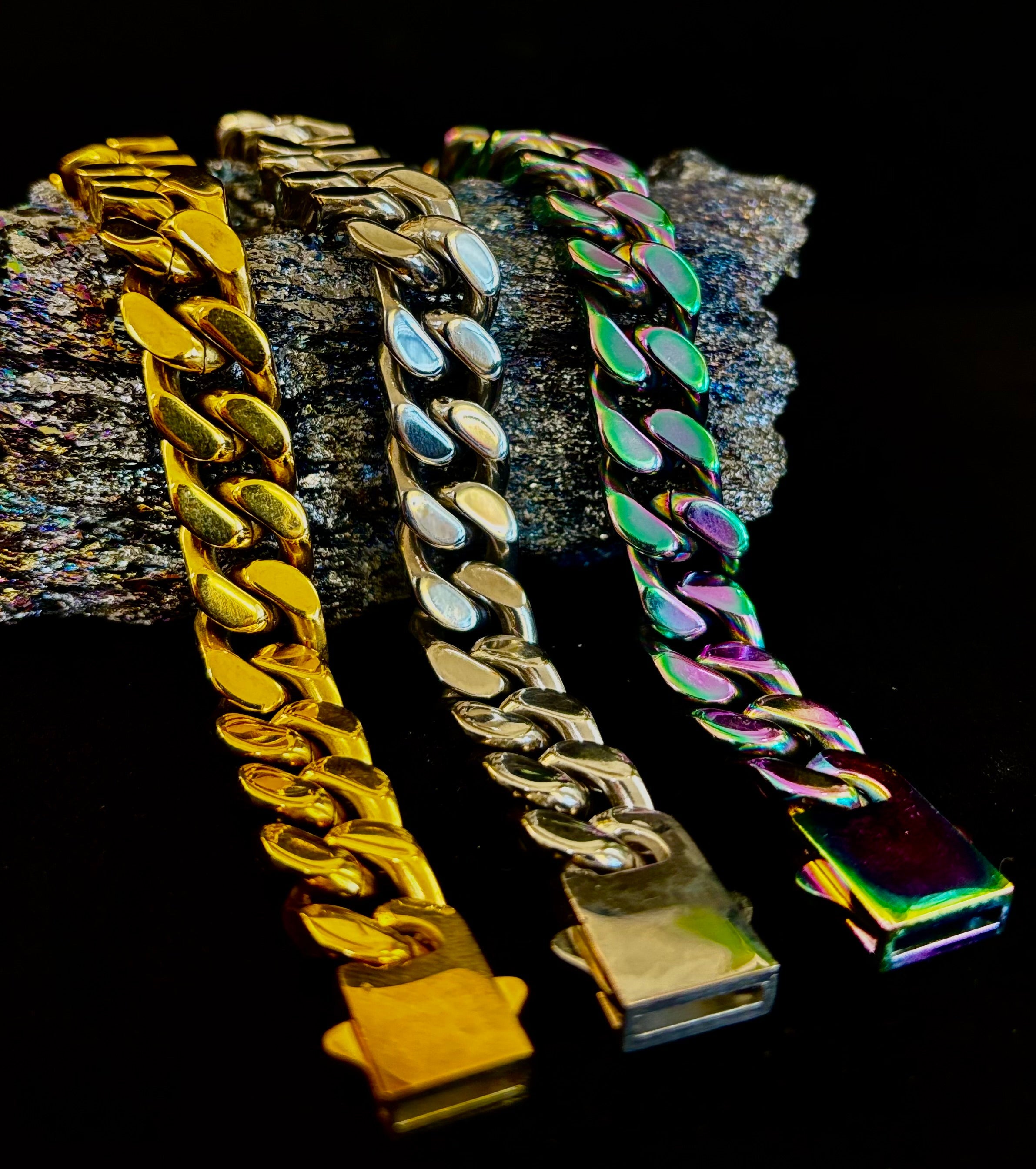 Titanium Steel Chain Bracelet – 22cm Cuban Link, Silver/Gold/Rainbow | | Wiccan Center