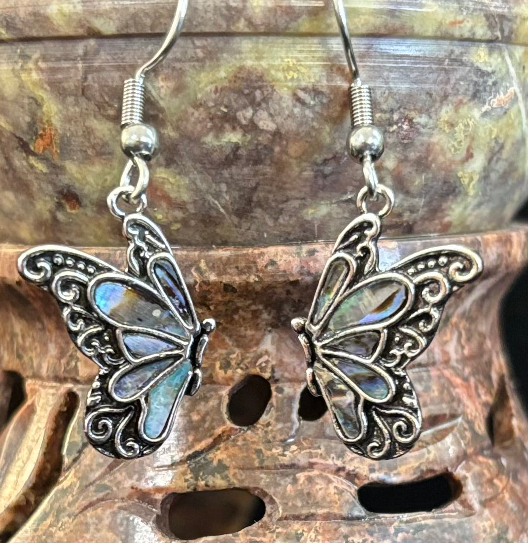 Petite Abalone Butterfly Earrings | Iridescent Wing Dangle Jewels | | Wiccan Center