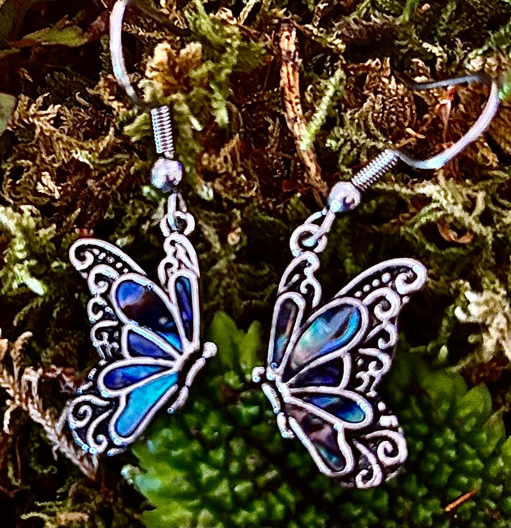 Petite Abalone Butterfly Earrings | Iridescent Wing Dangle Jewels | | Wiccan Center