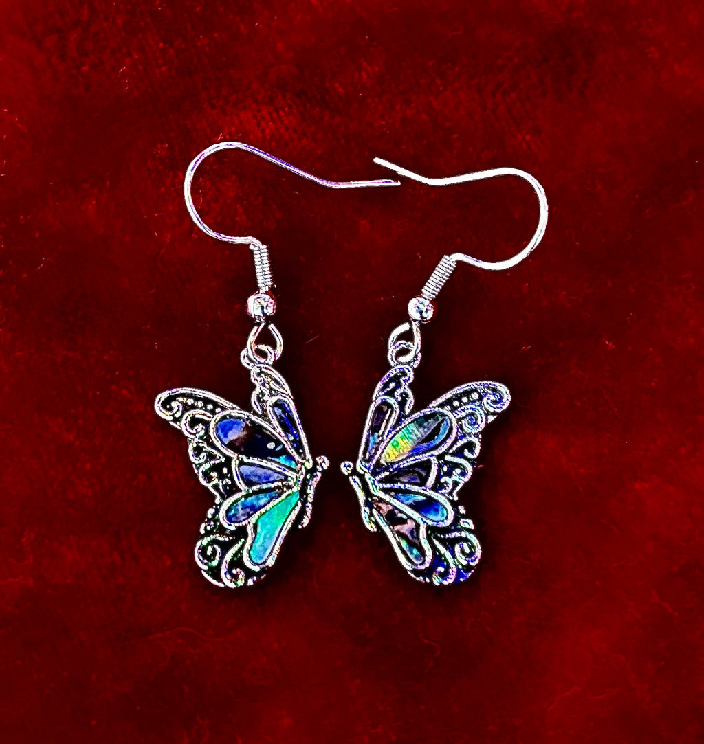 Petite Abalone Butterfly Earrings | Iridescent Wing Dangle Jewels | | Wiccan Center