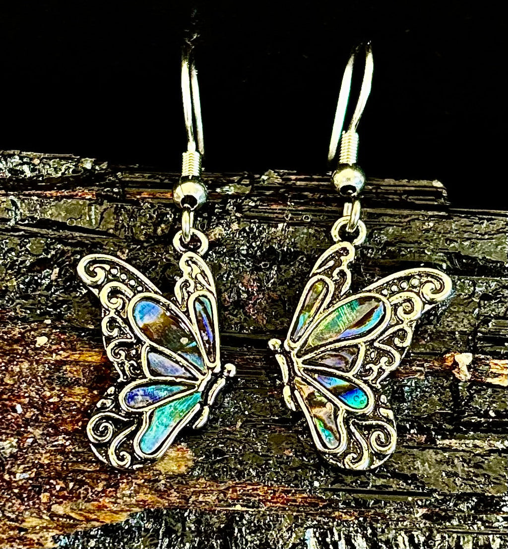 Petite Abalone Butterfly Earrings | Iridescent Wing Dangle Jewels | | Wiccan Center