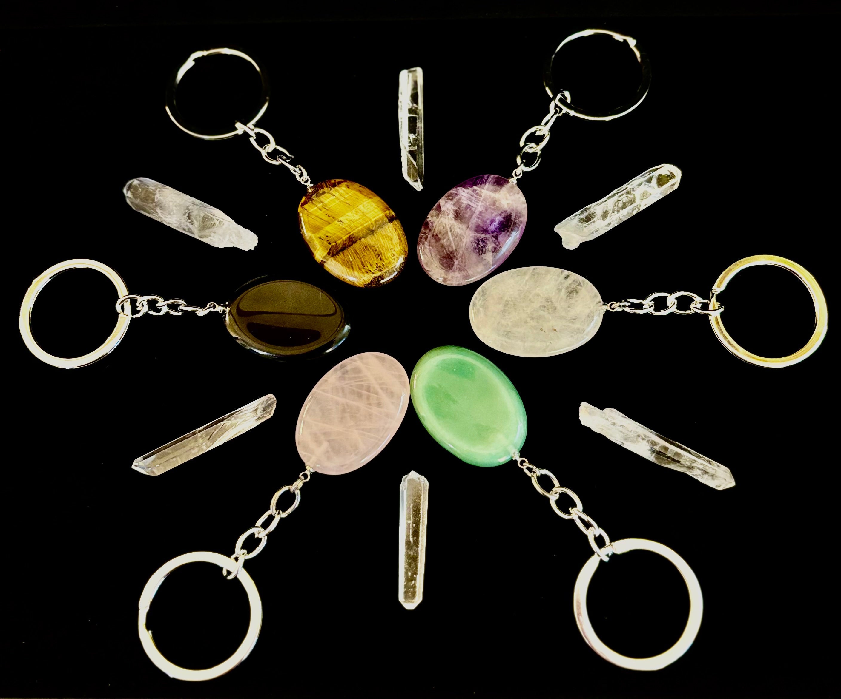 Natural Crystal Worry Stone Keychain – Amethyst, Clear Quartz, Obsidian, Tiger’s Eye, Green Aventurine & Rose Quartz (1.25”) | | Wiccan Center