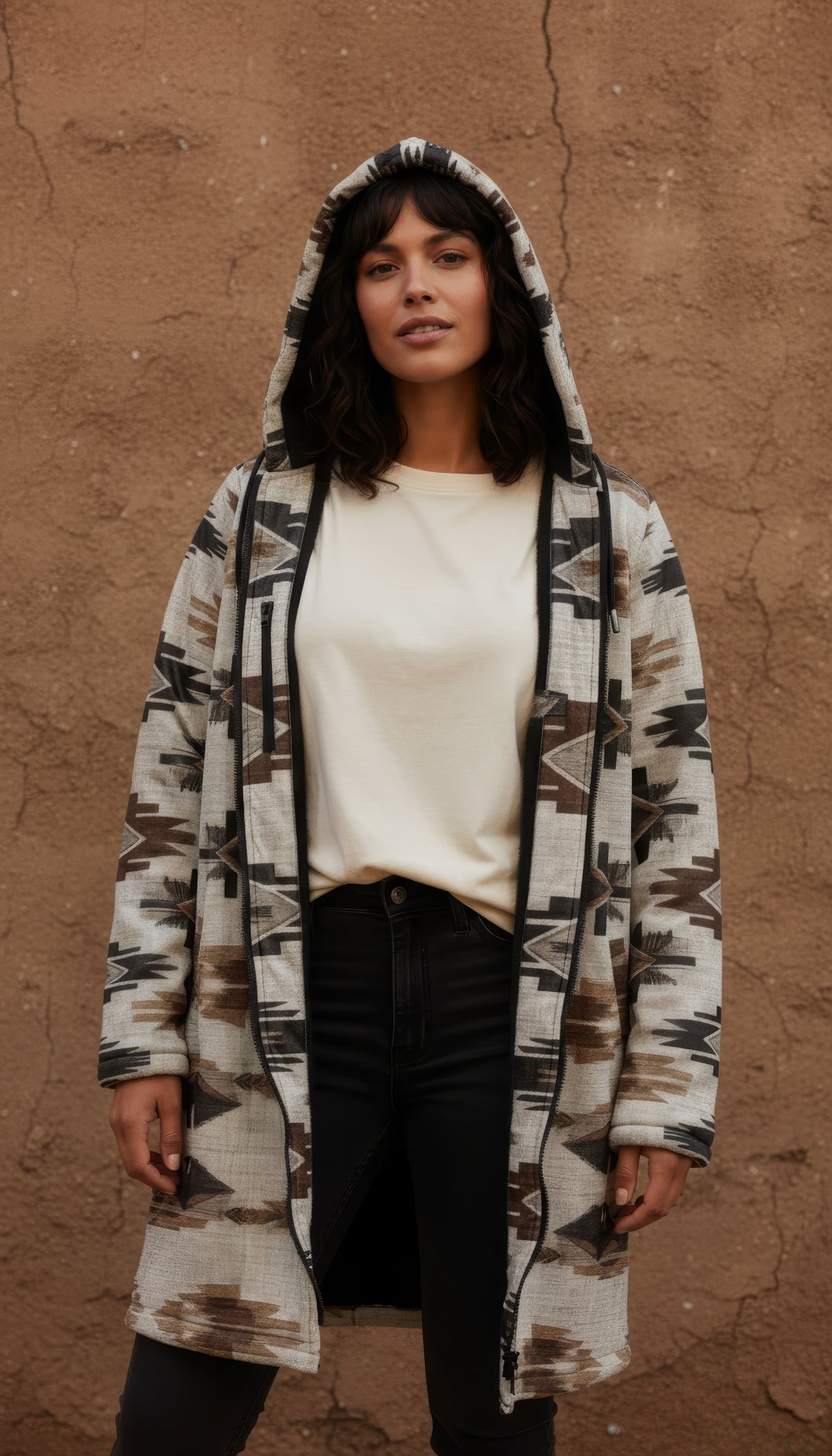 Ganado Tribal Cuddle Coat | Unisex Minky Sherpa Lined Coat with Hood, Zipper and Pockets | Women and Mens Festival Coat | Mountain Fashion | Zipper Cloak - AOP | Wiccan Center