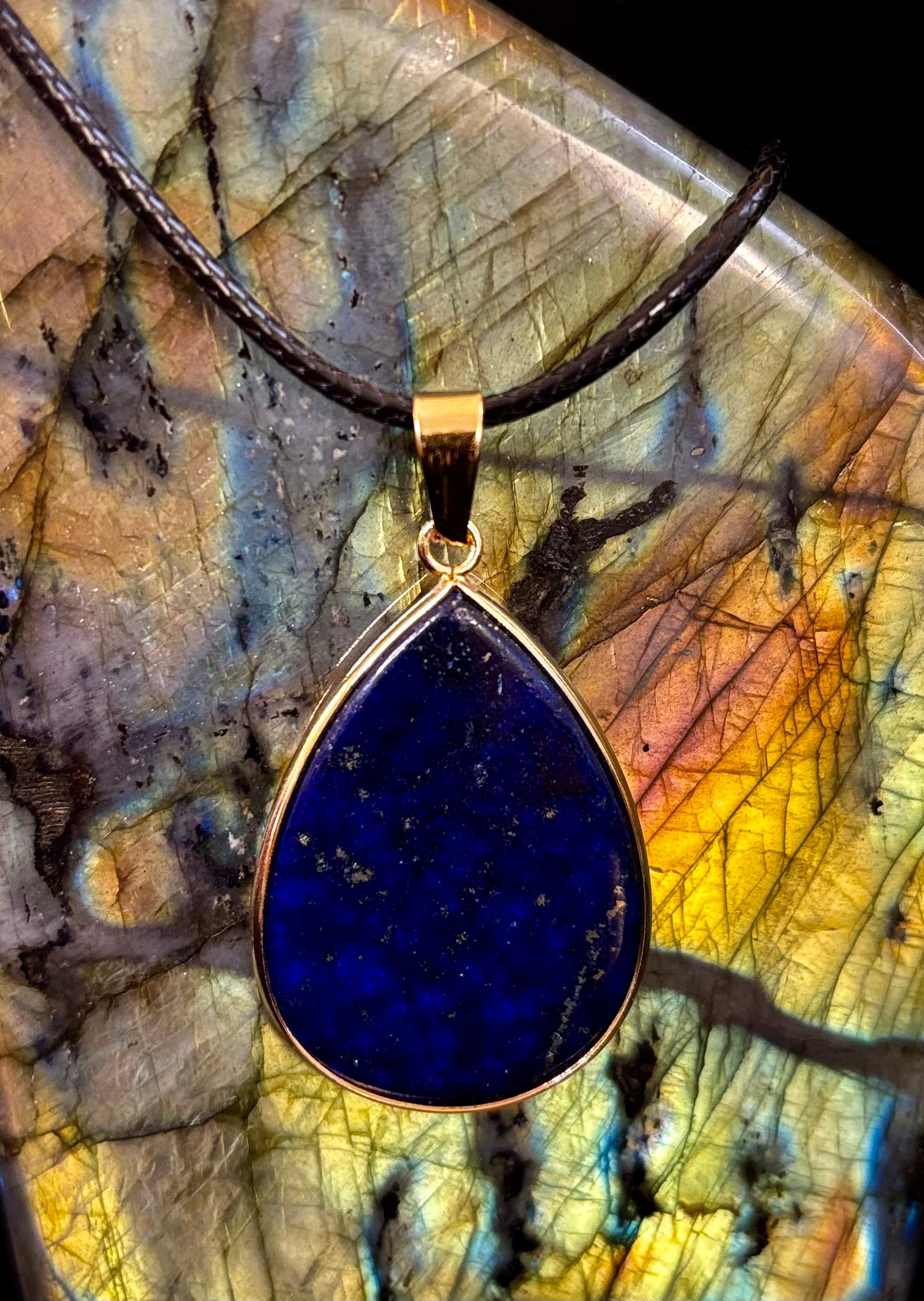 Royal Lapis Lazuli Pendant Necklace – Natural Blue Gemstone on 22” Leather Rope (2 Styles) | | Wiccan Center