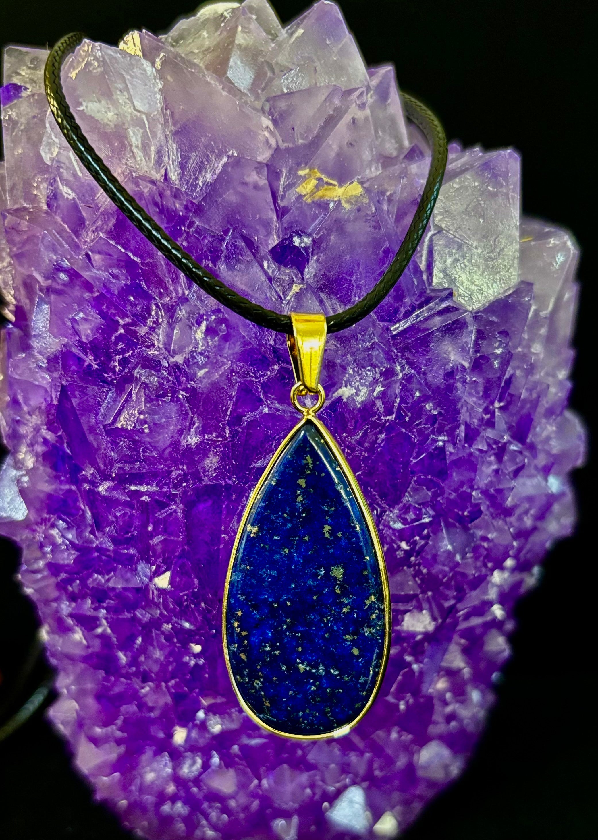 Royal Lapis Lazuli Pendant Necklace – Natural Blue Gemstone on 22” Leather Rope (2 Styles) | | Wiccan Center