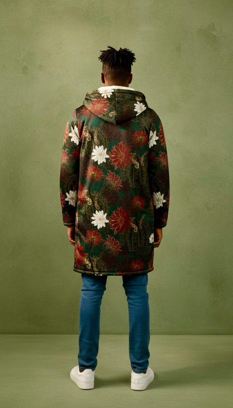 Desert Flowers Carpet Cuddle Coat | Green Red | Unisex Minky Sherpa Lined Coat with Hood, Zipper and Pockets | Women and Mens Festival Coat | Mountain Fashion | Zipper Cloak - AOP | Wiccan Center
