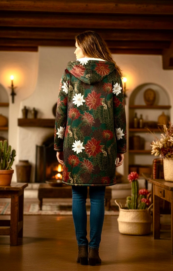 Desert Flowers Carpet Cuddle Coat | Green Red | Unisex Minky Sherpa Lined Coat with Hood, Zipper and Pockets | Women and Mens Festival Coat | Mountain Fashion | Zipper Cloak - AOP | Wiccan Center