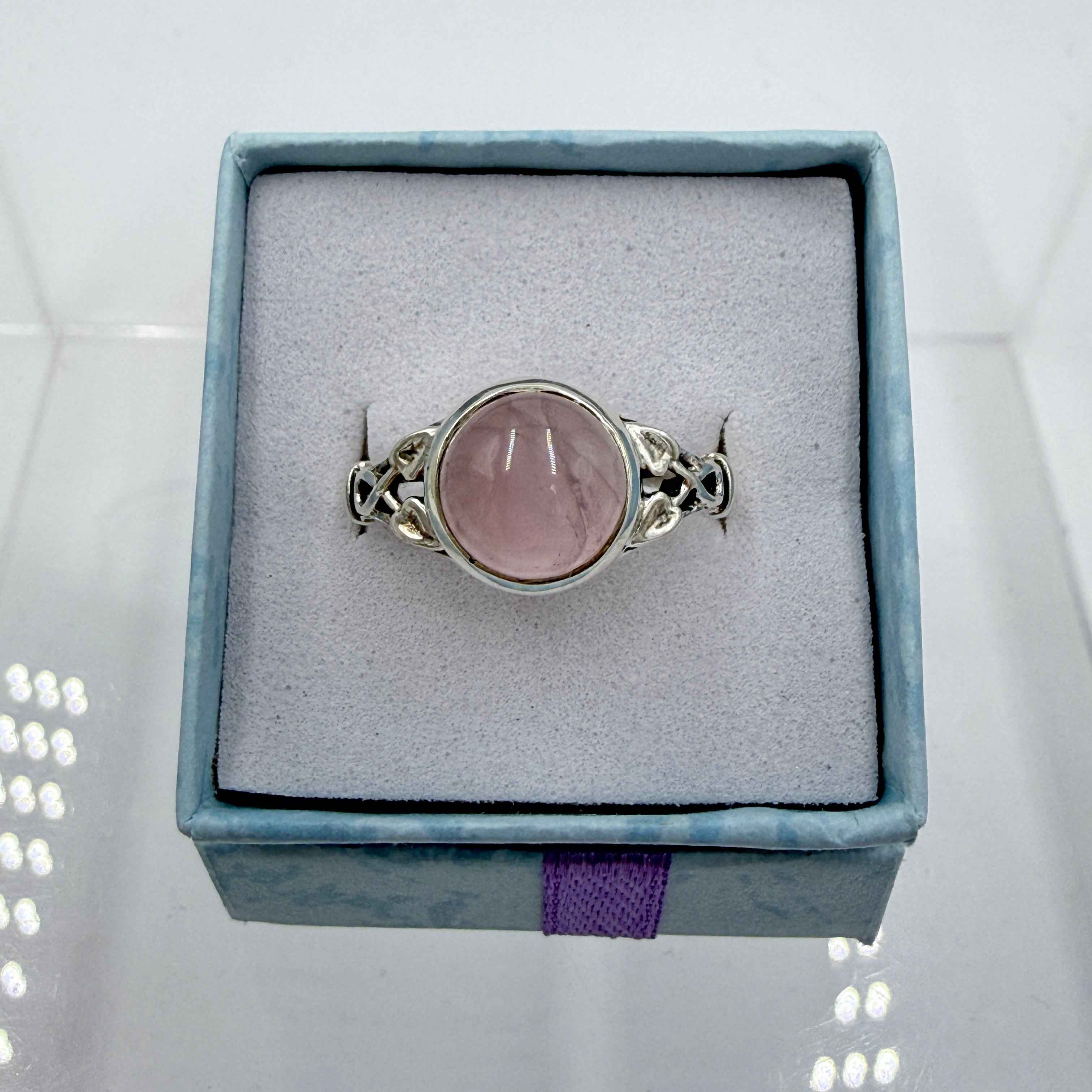 Sterling Silver Leaf Banded Round Rose Quartz - Size 9 - Loving, Soothing & Heart Opening | Rings | Wiccan Center
