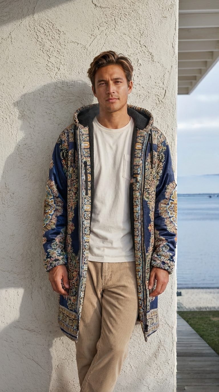 Classic Persian Cuddle Coat | Qom, Blue and Gold | Unisex Minky Sherpa Lined Coat with Hood, Zipper and Pockets | Women and Mens Festival Coat | Mountain Fashion | Zipper Cloak - AOP | Wiccan Center