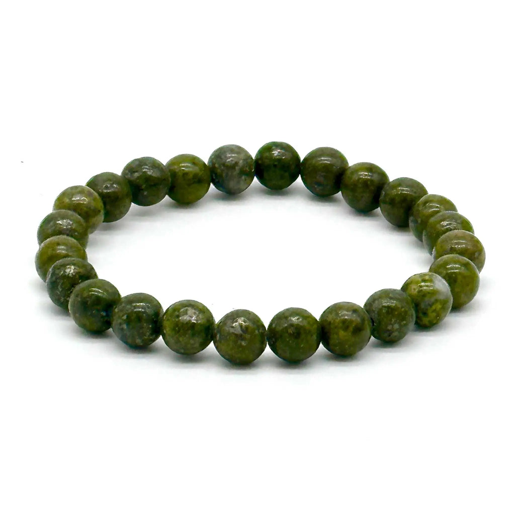 Epidote with Trace Pyrite Round Bead Bracelet – Focused Growth | Bracelets | Wiccan Center