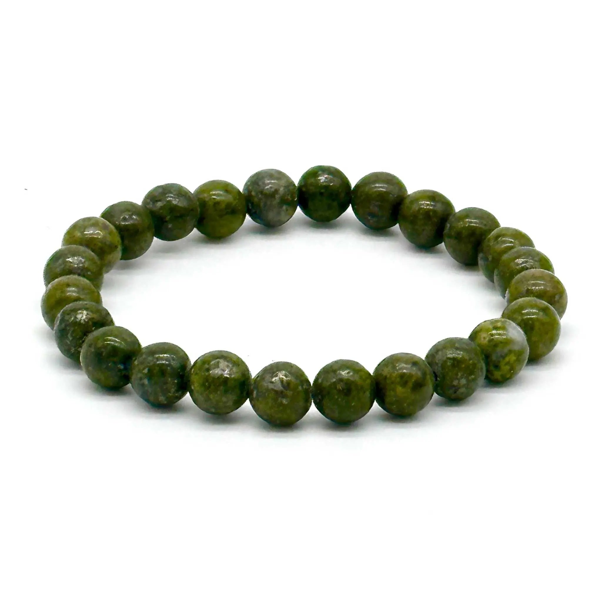 Epidote with Trace Pyrite Round Bead Bracelet – Focused Growth | Bracelets | Wiccan Center