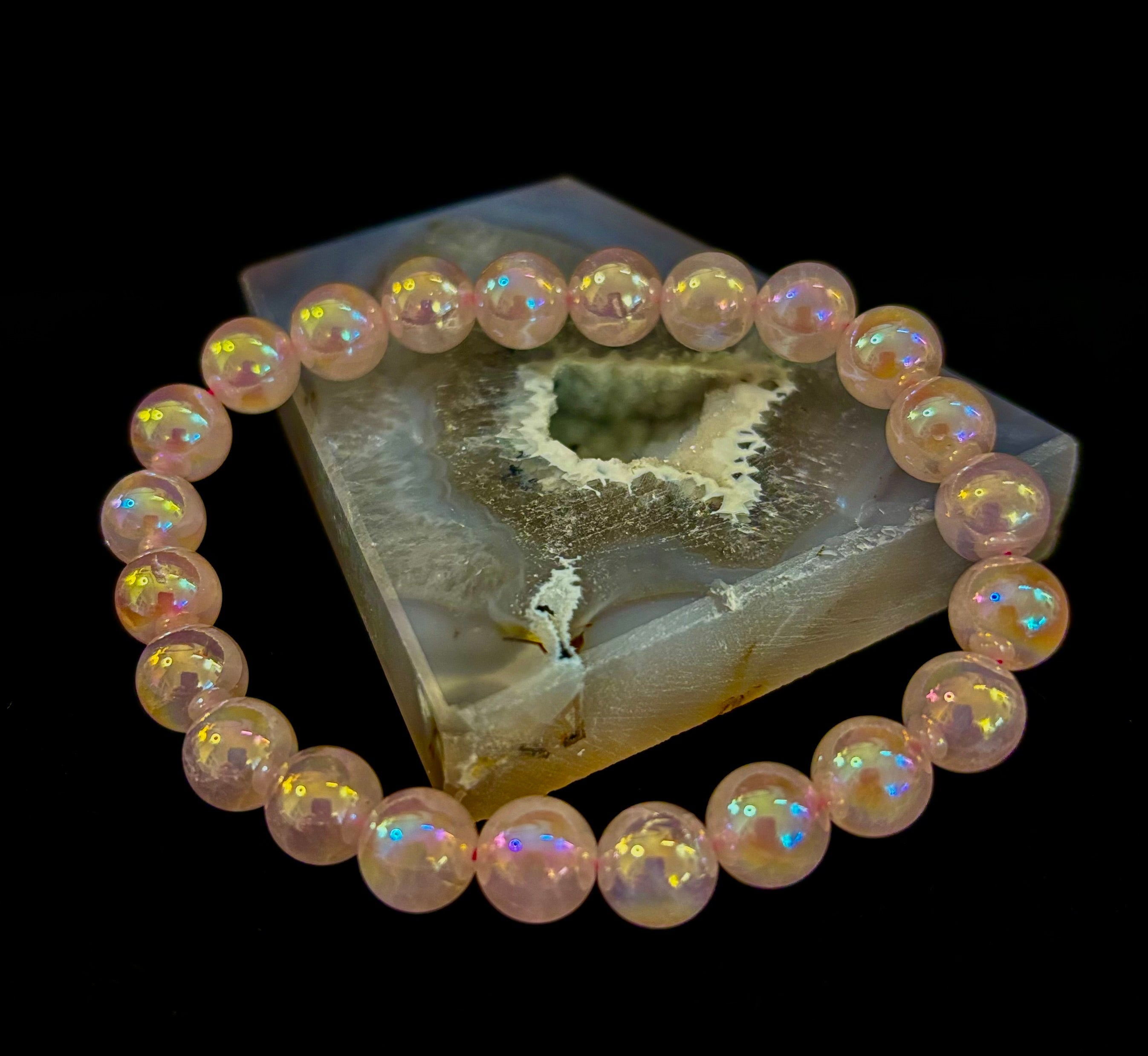 Aura Rose Quartz 8mm Reiki-Infused Love & Healing Crystal Bracelet (7.5” Medium Wrists) | | Wiccan Center