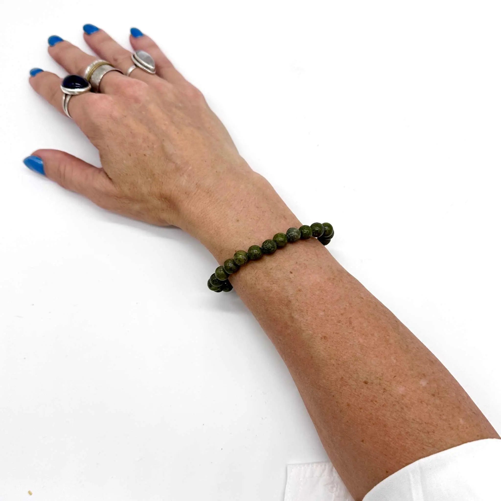 Epidote with Trace Pyrite Round Bead Bracelet – Focused Growth | Bracelets | Wiccan Center