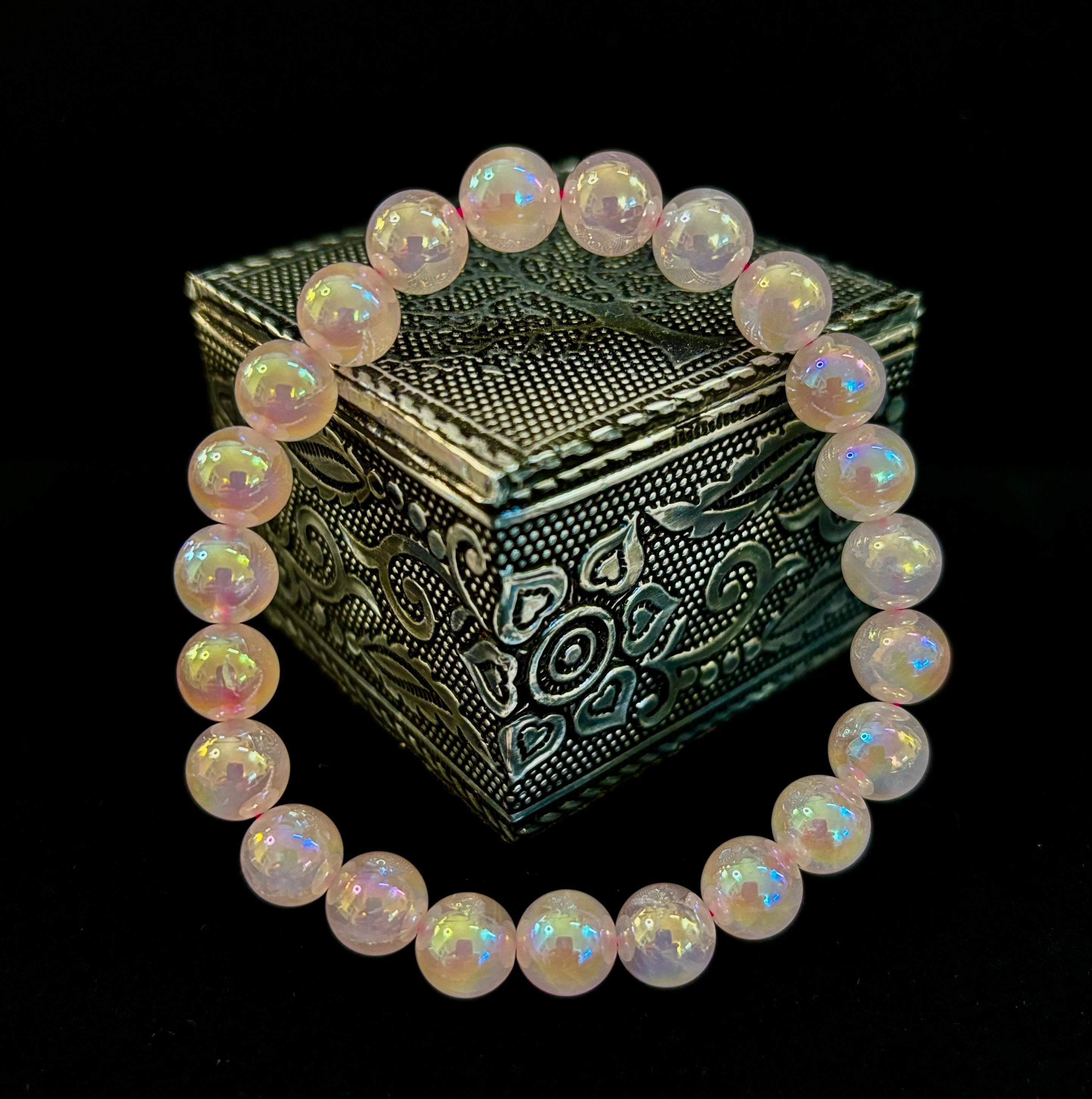 Aura Rose Quartz 8mm Reiki-Infused Love & Healing Crystal Bracelet (7.5” Medium Wrists) | | Wiccan Center