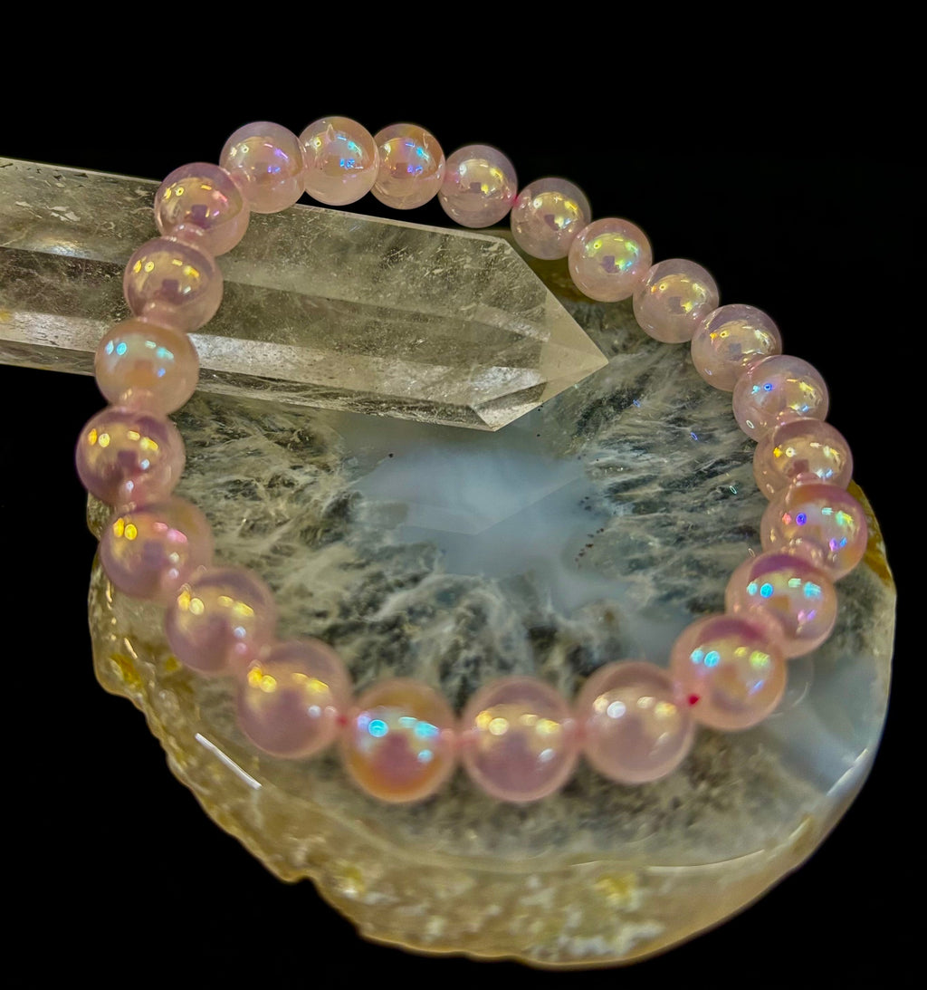 Aura Rose Quartz 8mm Reiki-Infused Love & Healing Crystal Bracelet (7.5” Medium Wrists) | | Wiccan Center