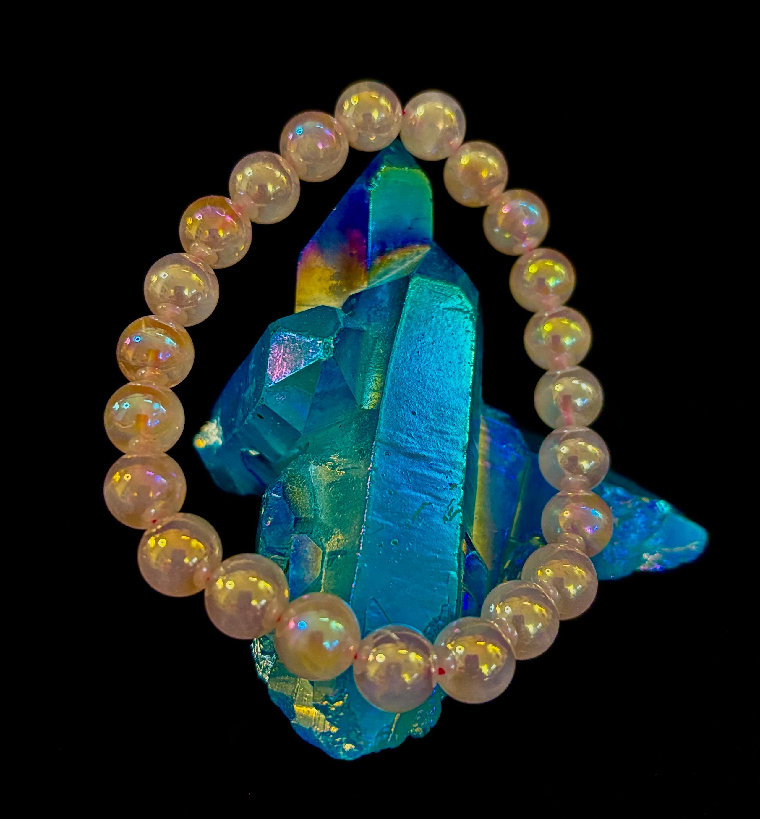 Aura Rose Quartz 8mm Reiki-Infused Love & Healing Crystal Bracelet (7.5” Medium Wrists) | | Wiccan Center