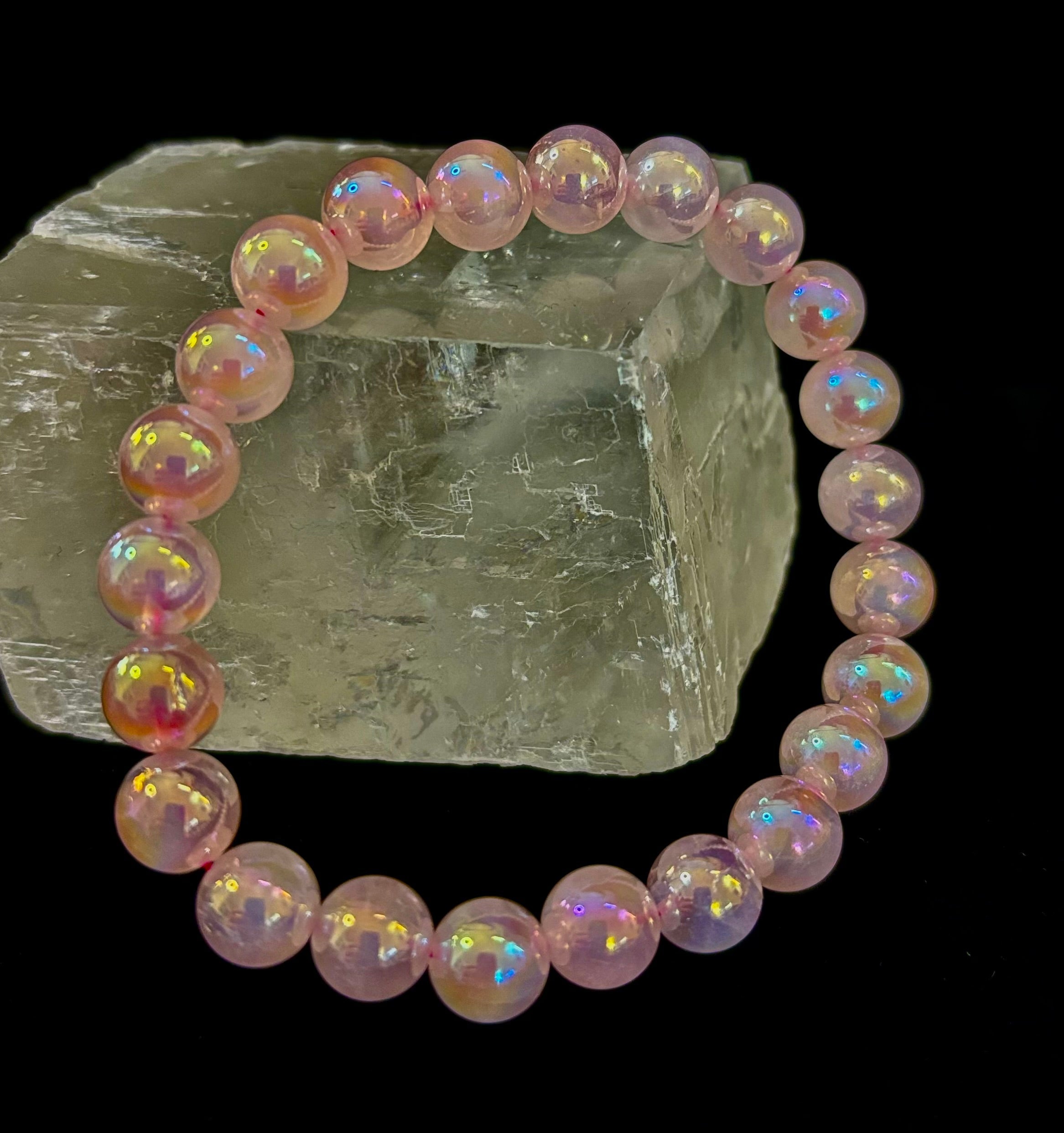 Aura Rose Quartz 8mm Reiki-Infused Love & Healing Crystal Bracelet (7.5” Medium Wrists) | | Wiccan Center