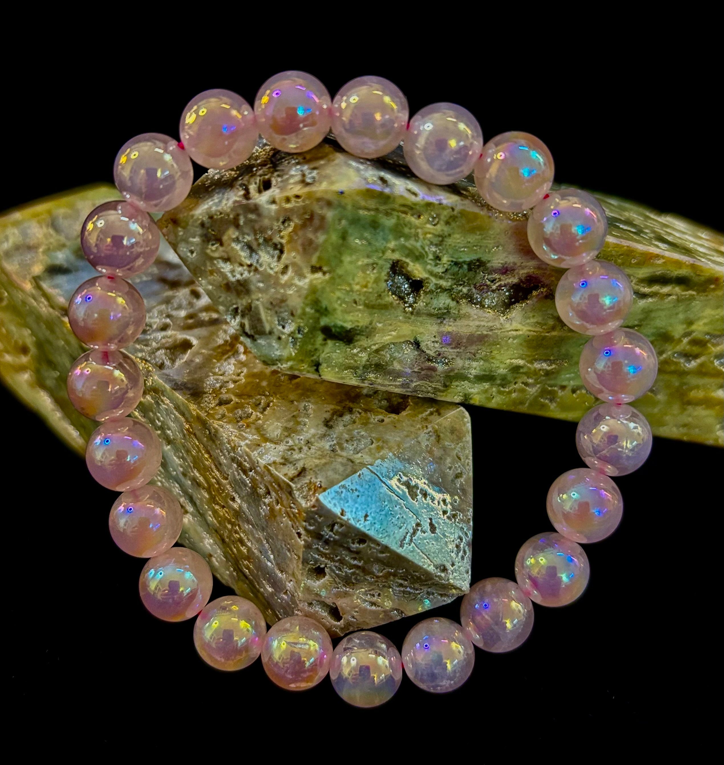 Aura Rose Quartz 8mm Reiki-Infused Love & Healing Crystal Bracelet (7.5” Medium Wrists) | | Wiccan Center